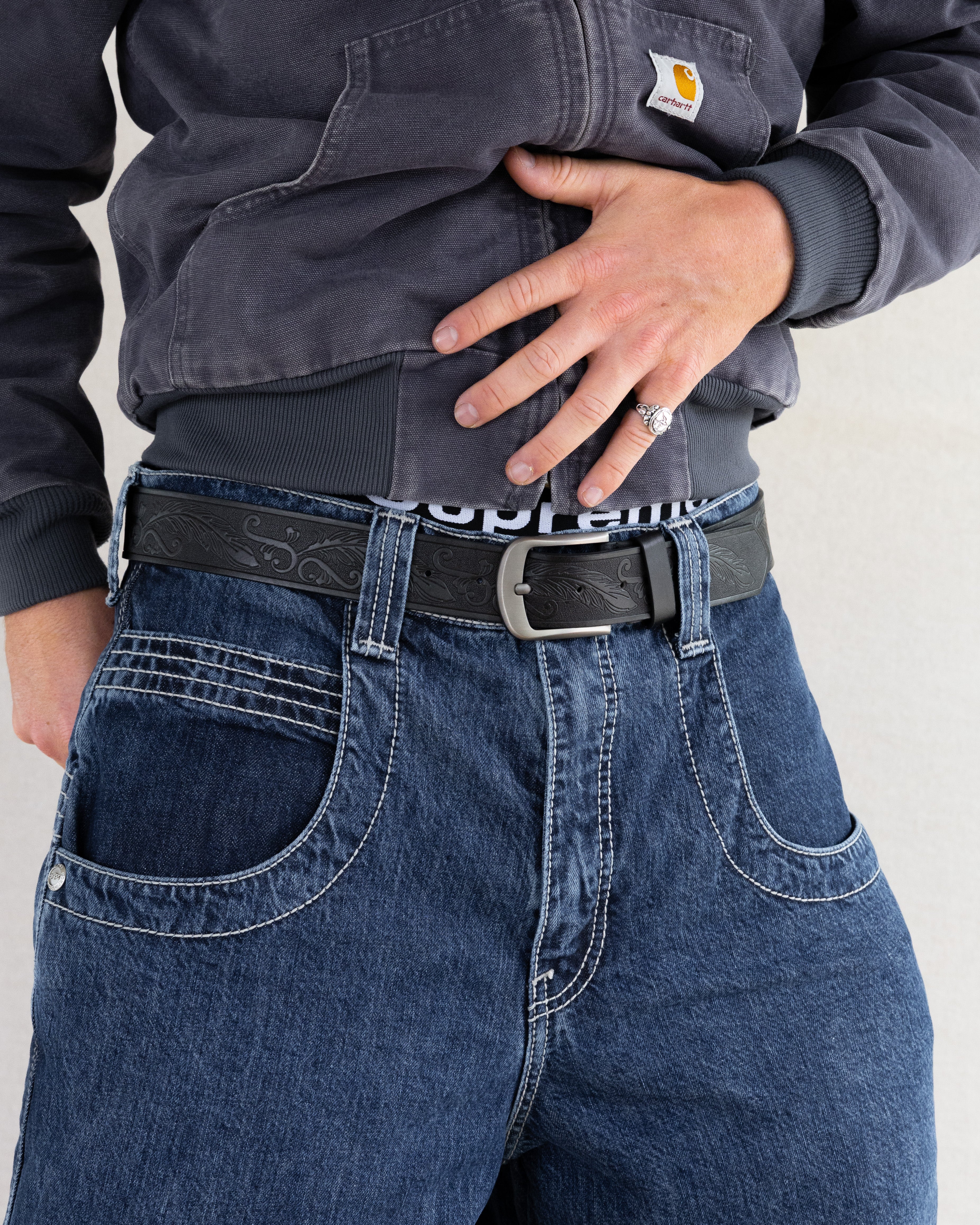 Black Tooled Leather Belt - Rynor