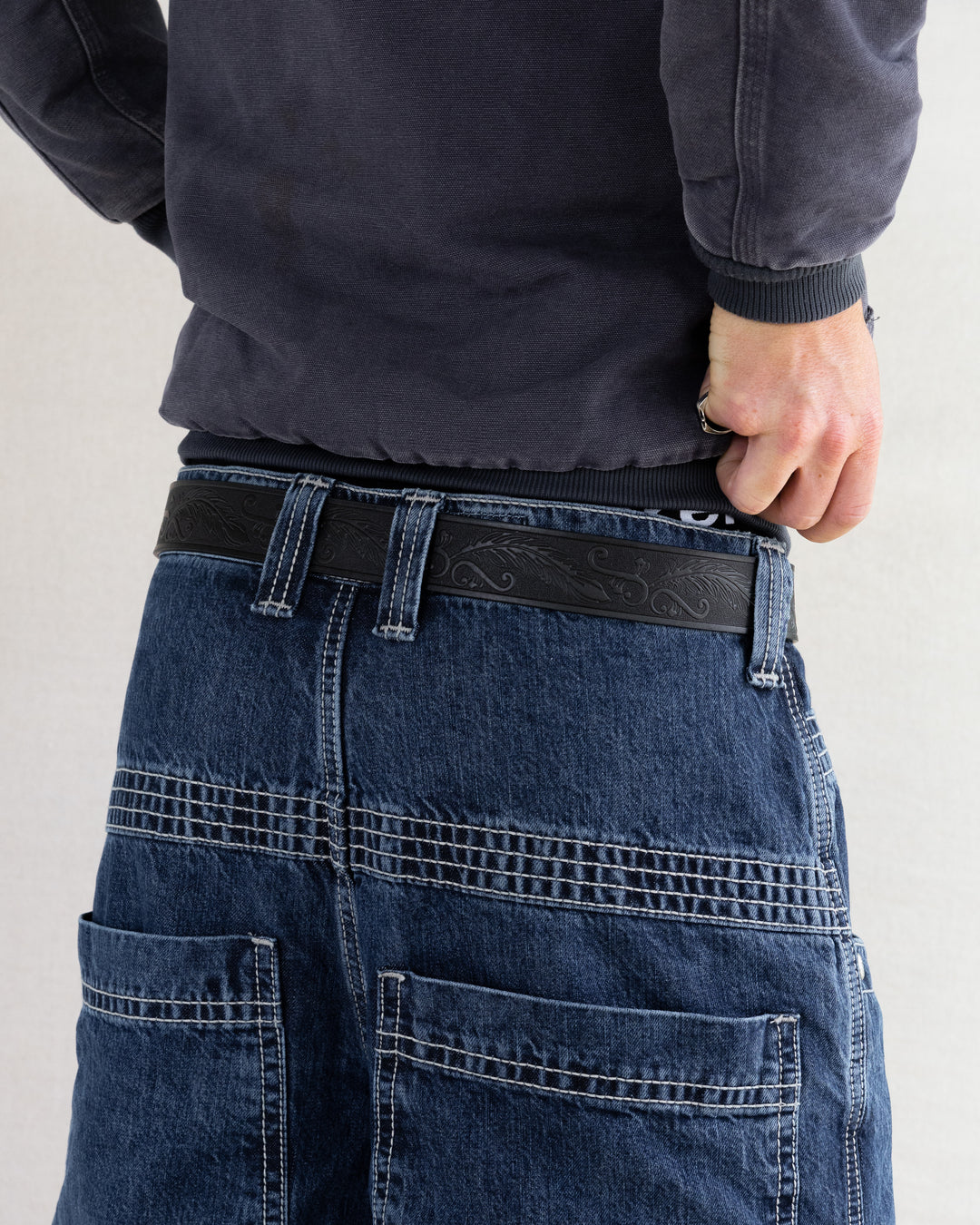 Black Tooled Leather Belt - Rynor