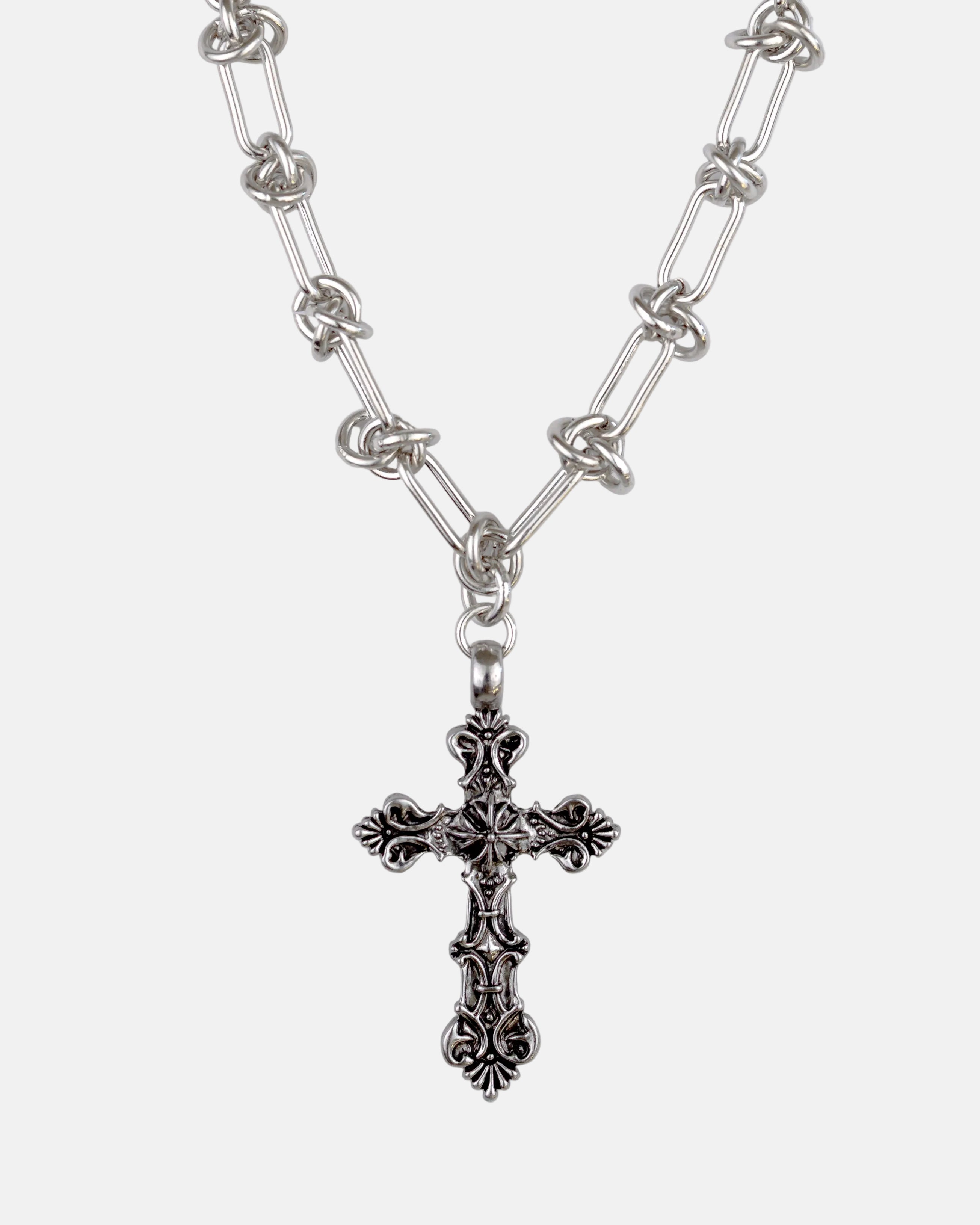 Rynor Bar Link Cross Necklace – silver bar link chain necklace with cross pendant, product photo on white background