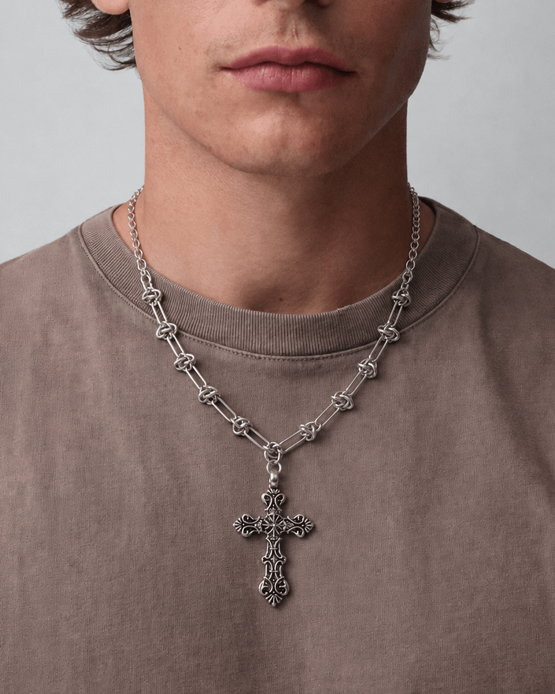 Rynor Bar Link Cross Necklace – silver bar link chain necklace with cross pendant, worn by a model