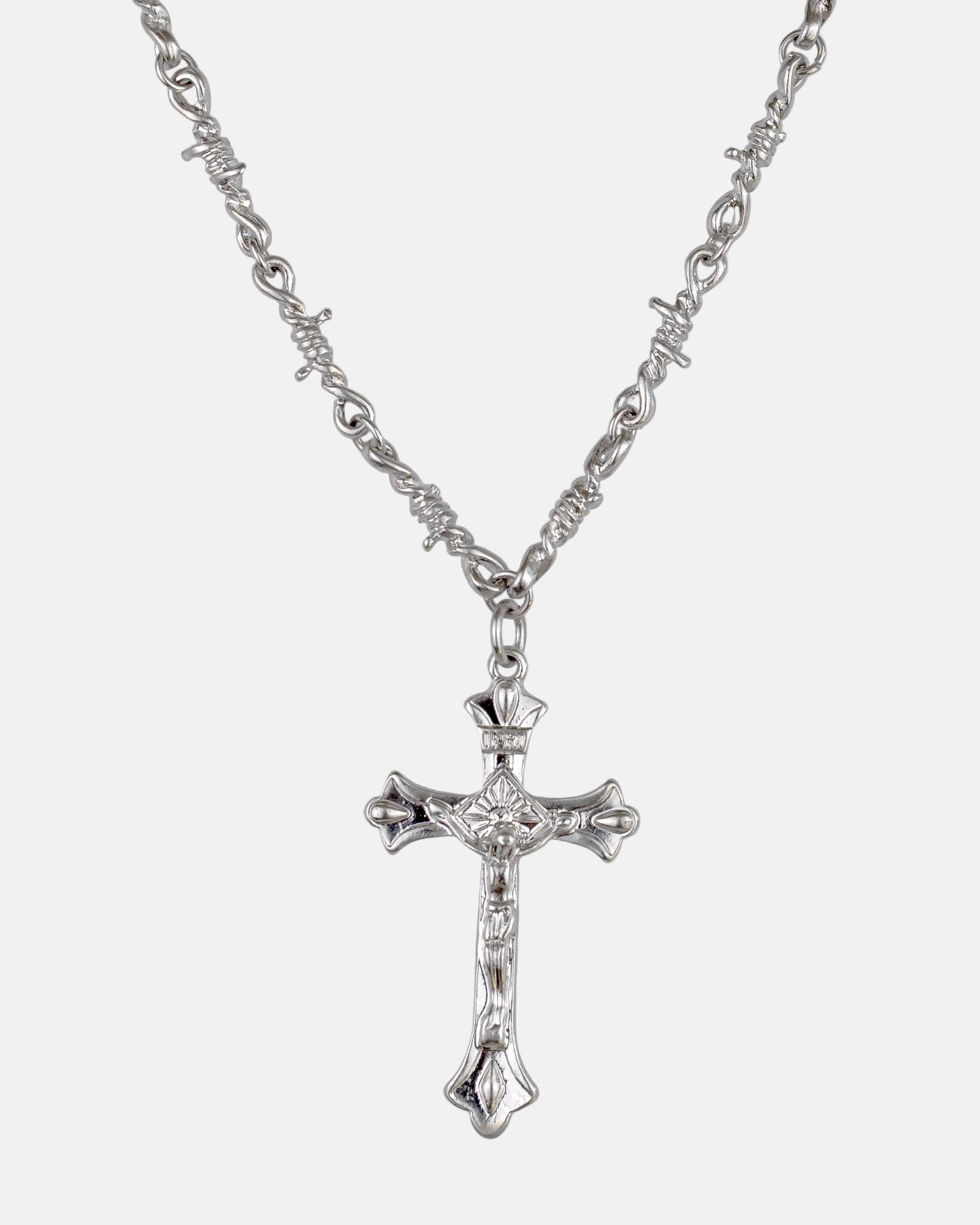 Rynor Barbed Cross Necklace – silver barbed wire link chain necklace with cross pendant, product photo on white background