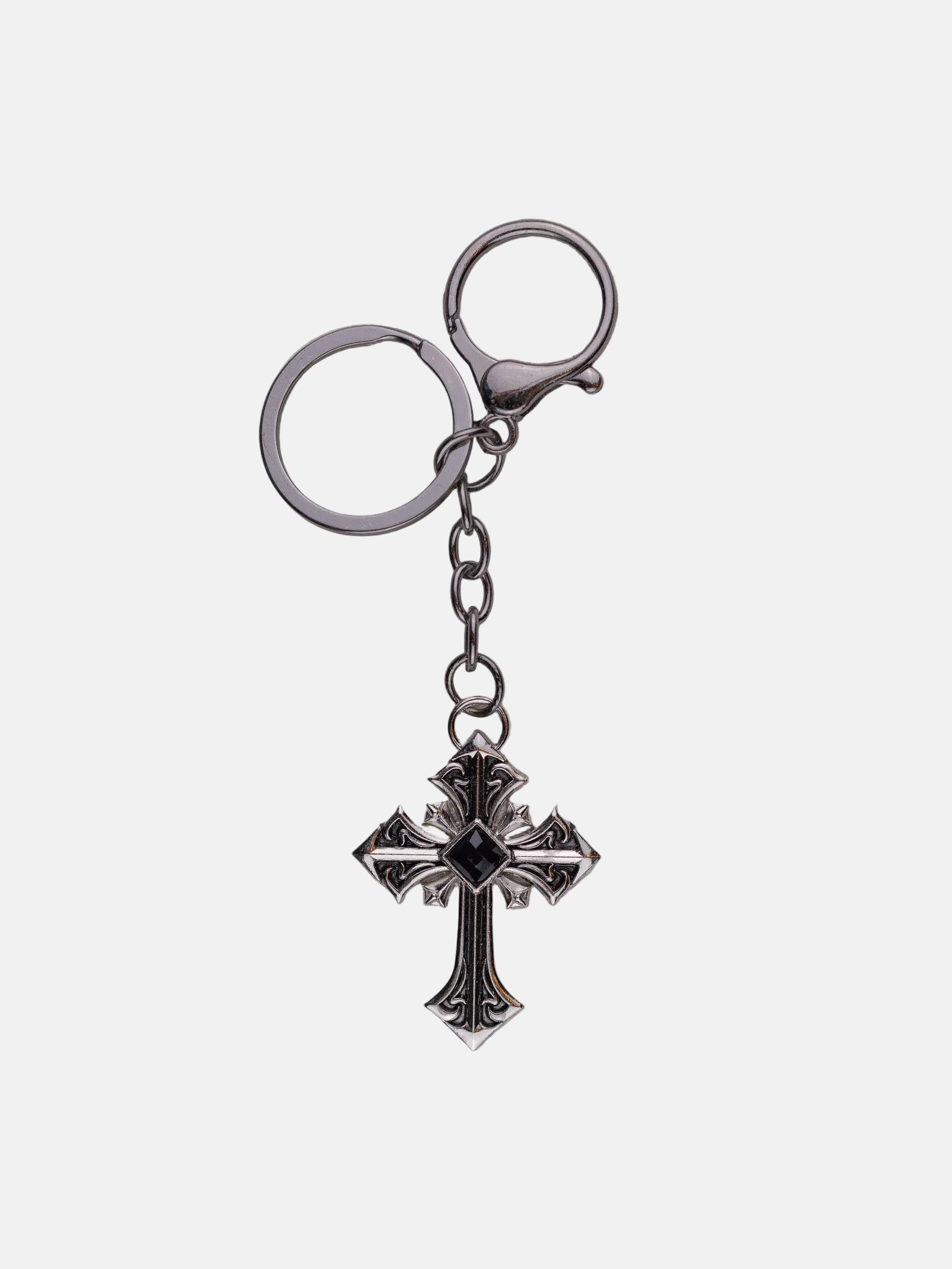 Rynor Blackstone Cross Keychain – silver engraved cross keychain with dark stone centerpiece, product photo on white background