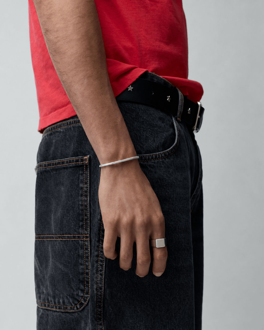 Rynor Block Signet Ring – silver stainless steel square block signet ring, worn by a model