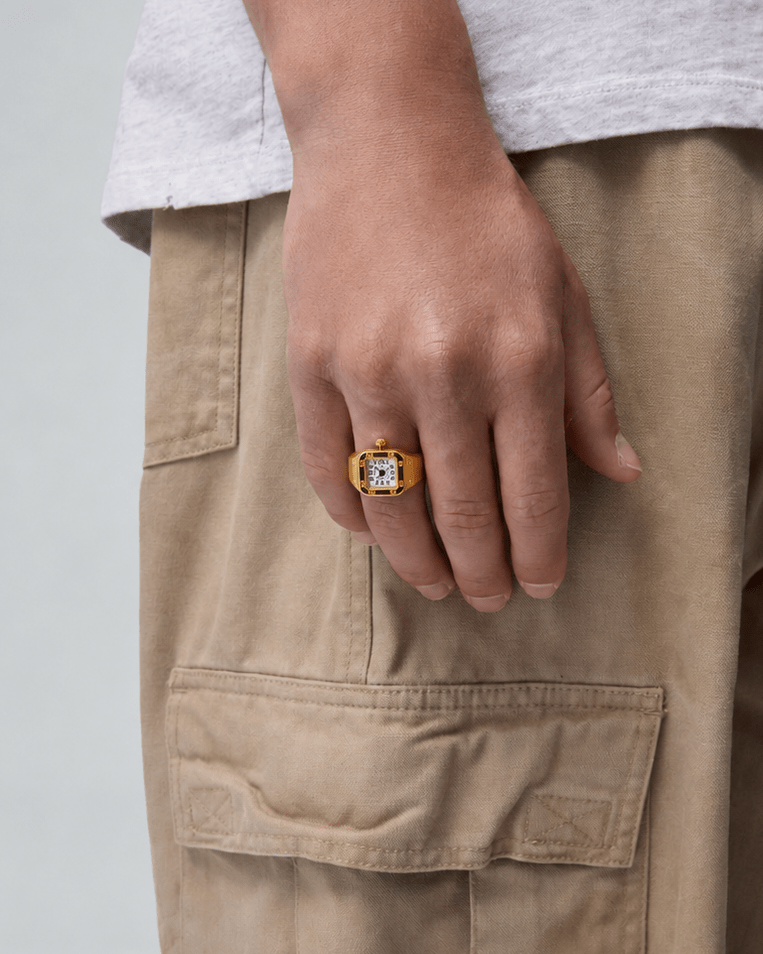 Rynor Bozhi Square Watch Ring – square watch ring with white dial, worn by a model