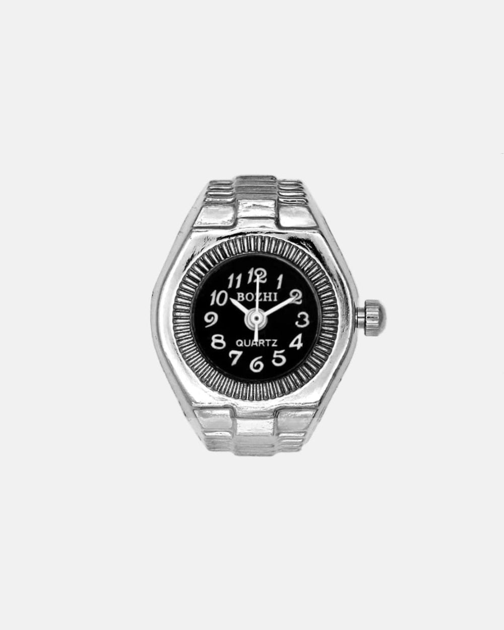 Rynor Bozhi Watch Ring – silver-tone classic watch ring with black dial, product photo on white background