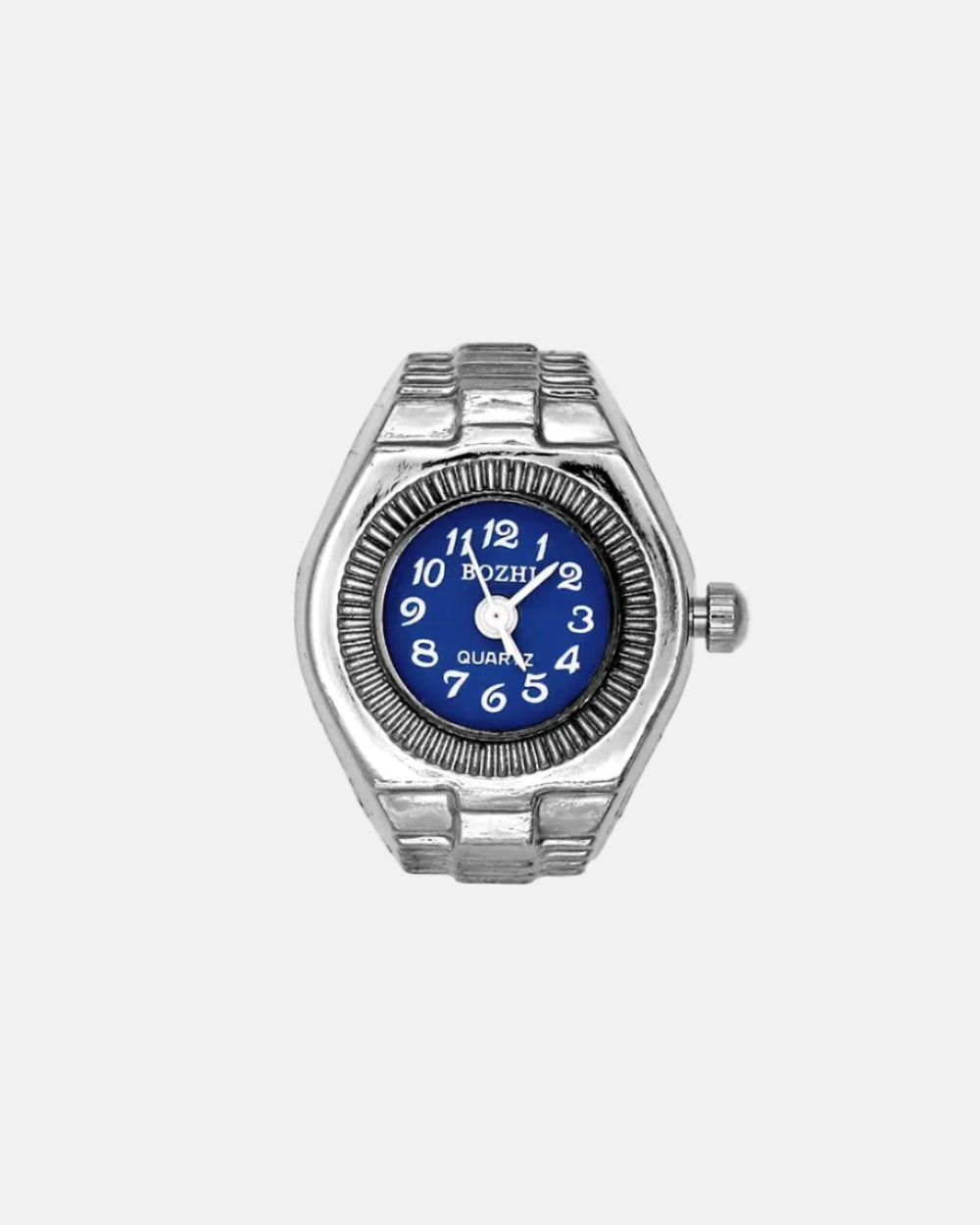 Rynor Bozhi Watch Ring – silver-tone classic watch ring with blue dial, product photo on white background