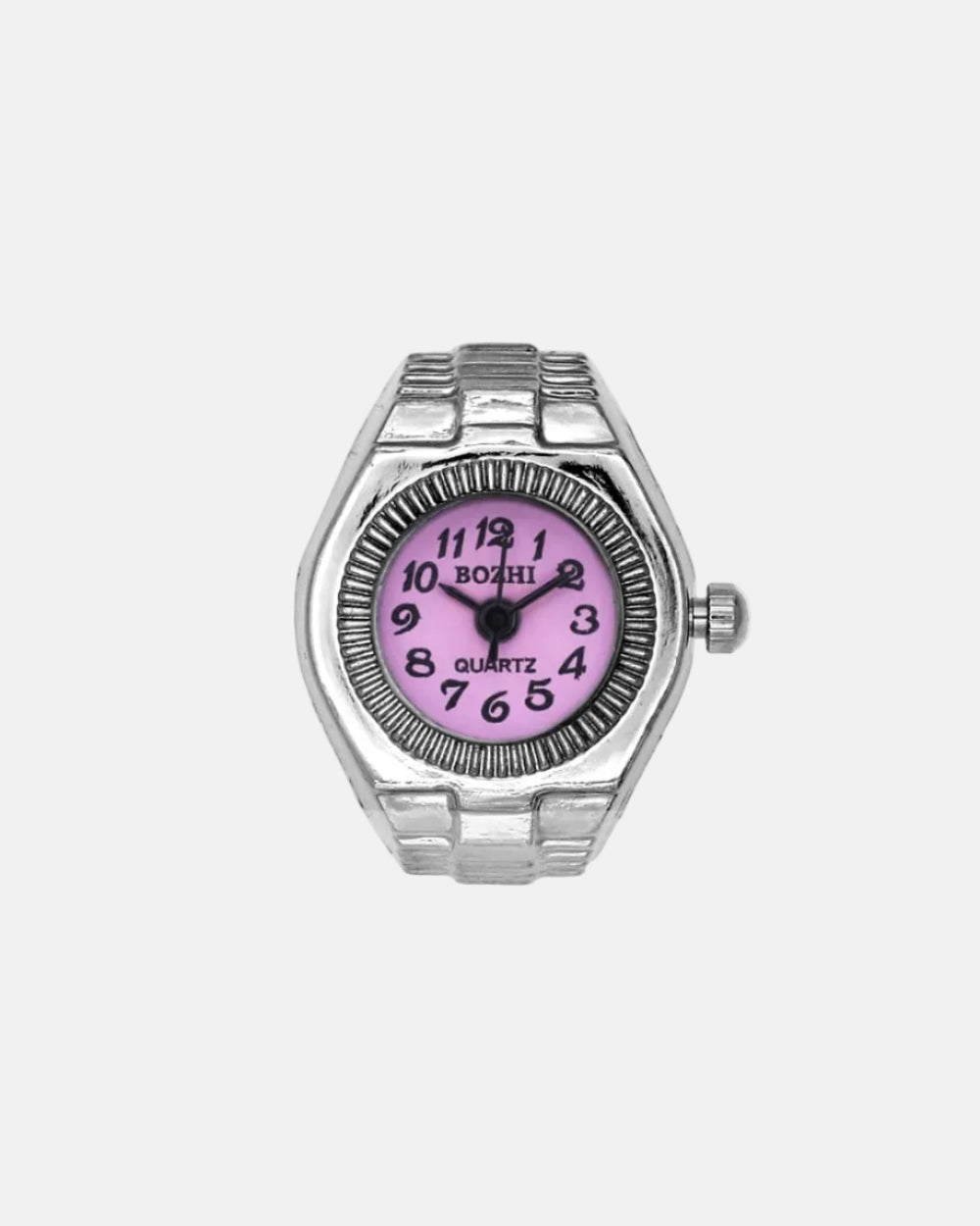Rynor Bozhi Watch Ring – silver-tone classic watch ring with purple dial, product photo on white background