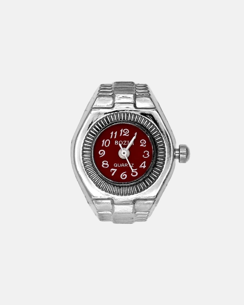 Rynor Bozhi Watch Ring – silver-tone classic watch ring with red dial, product photo on white background