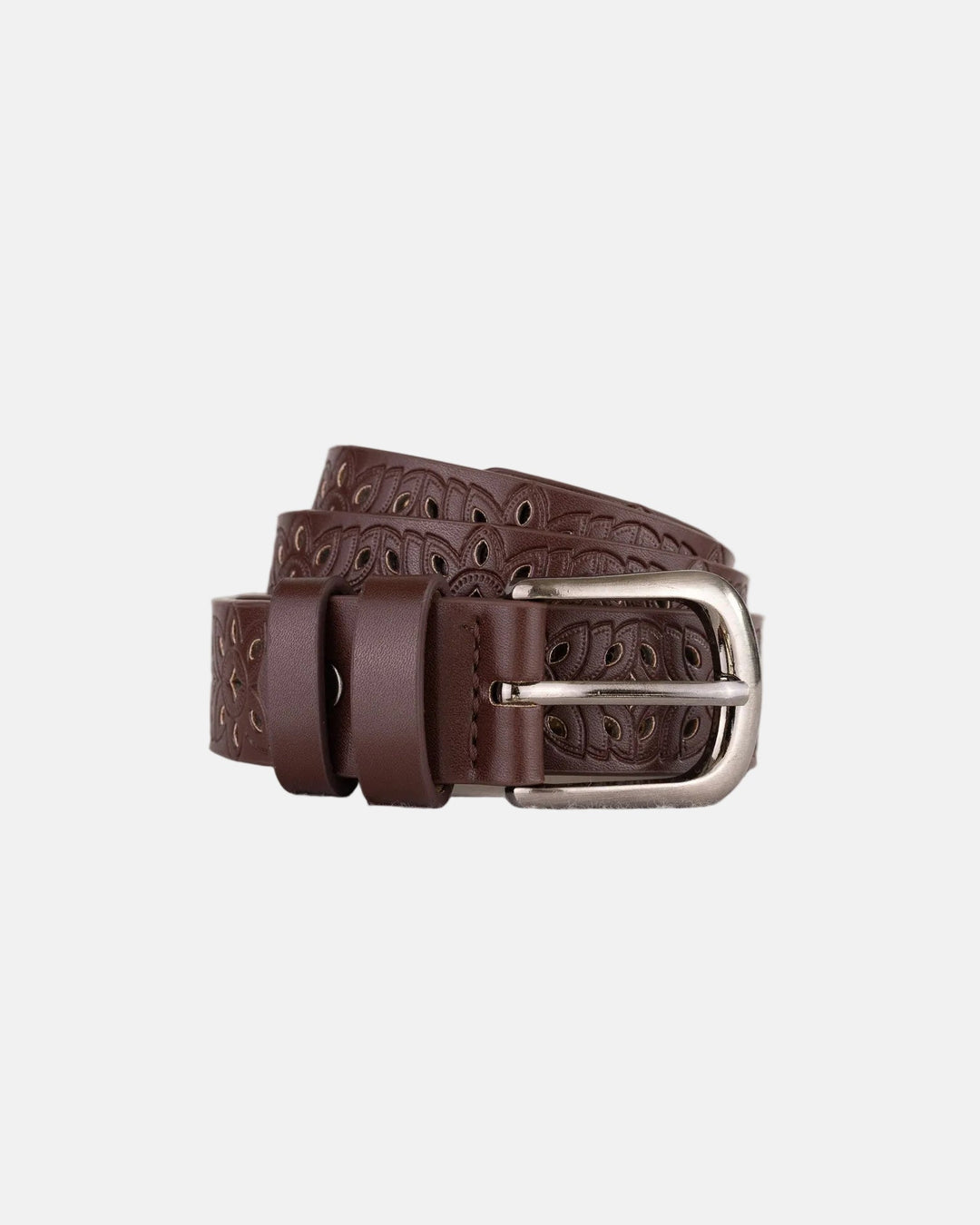Rynor Carved Floral Belt – brown faux leather belt with carved pattern embossing, product photo on white background