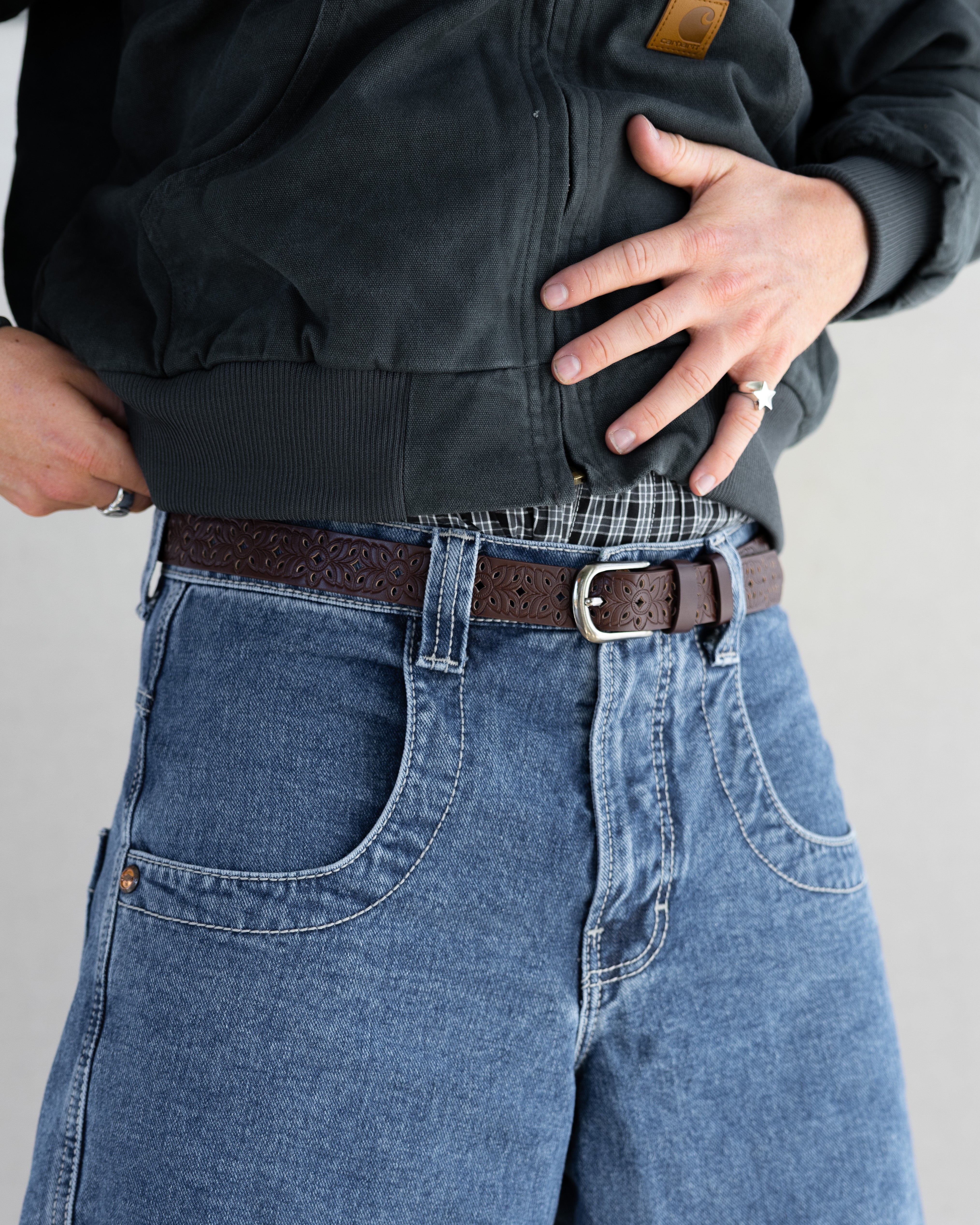 Rynor Carved Floral Belt – brown faux leather belt with carved pattern embossing, additional view