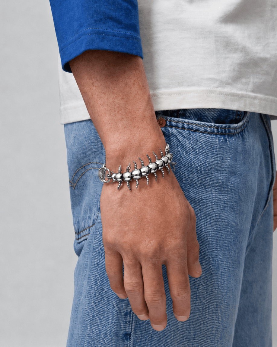 Rynor Centipede Chain Bracelet – silver stainless steel articulated centipede bracelet, worn by a model