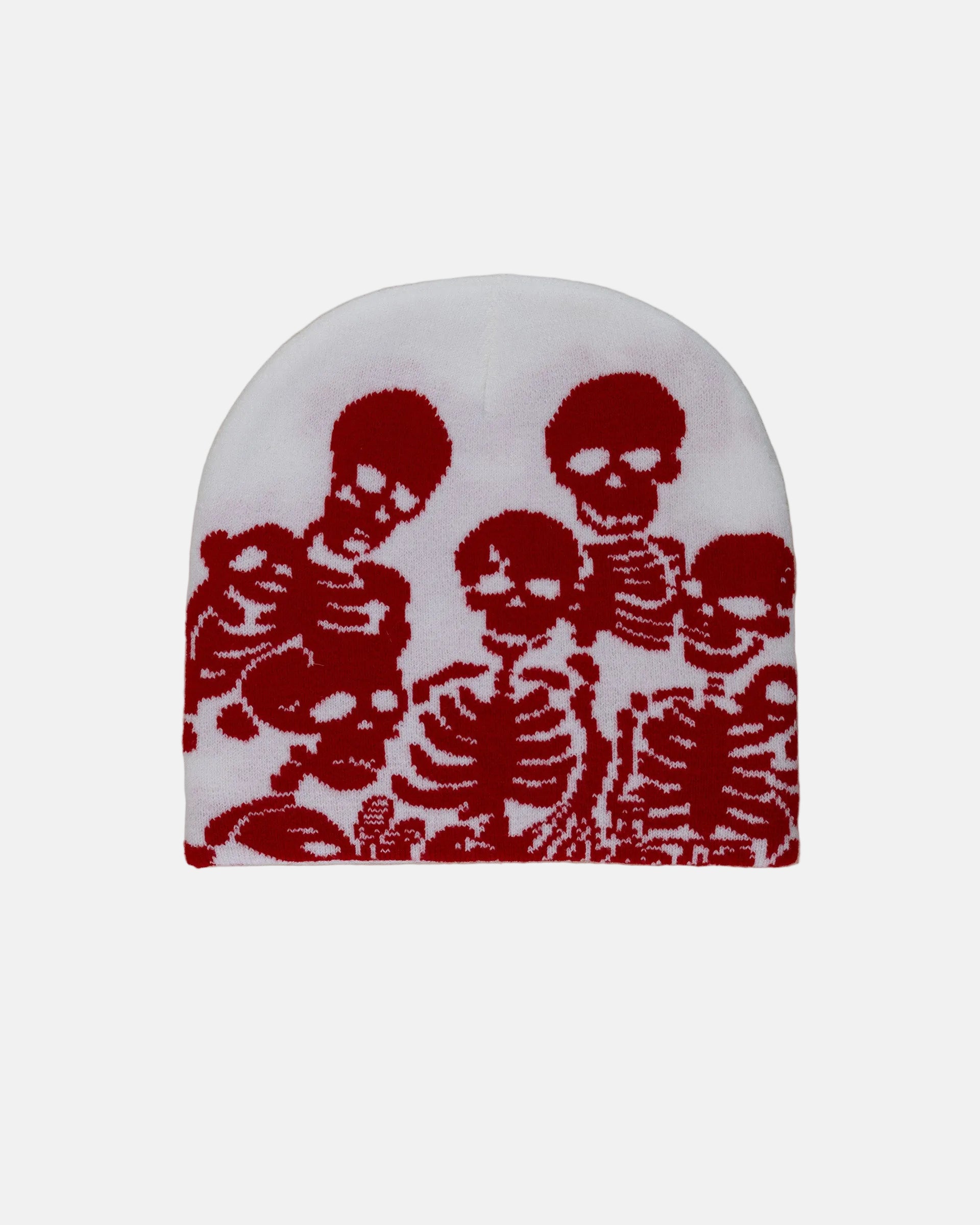 Rynor Chillin Skeletons Beanie – red and white skeleton pattern knit beanie, product photo on white background