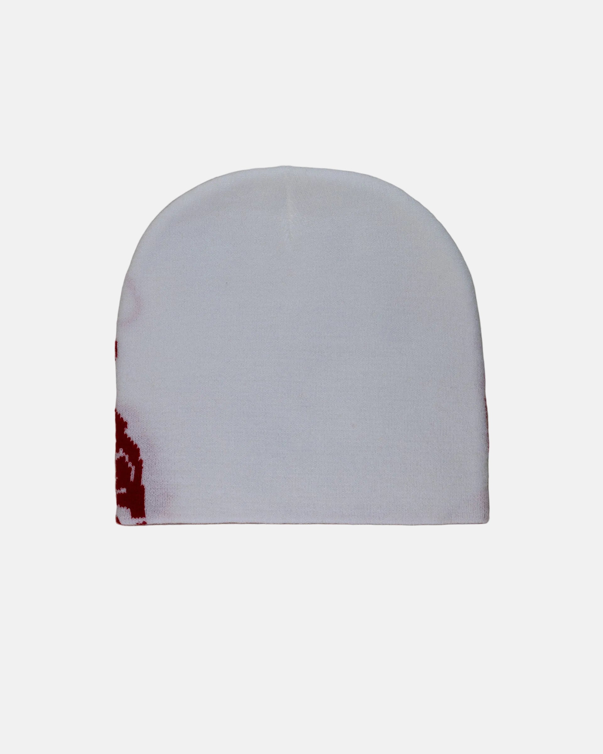 Rynor Chillin Skeletons Beanie – red and white skeleton pattern knit beanie, worn by a model