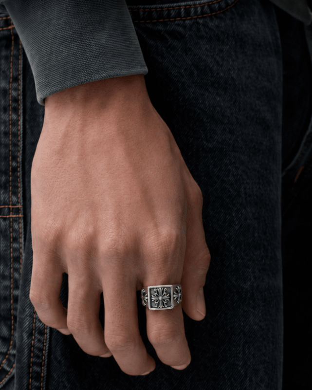 Rynor Chrome Cross Ring – 925 sterling silver gothic cross band ring, worn by a model