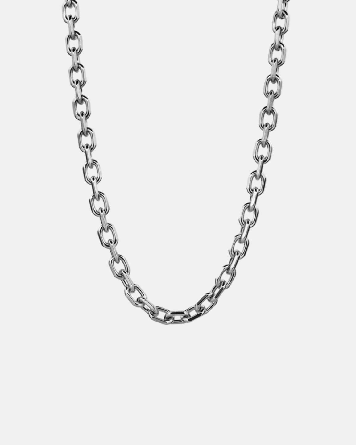 Rynor Chuck Link Chain – silver stainless steel oval link chain necklace, product photo on white background