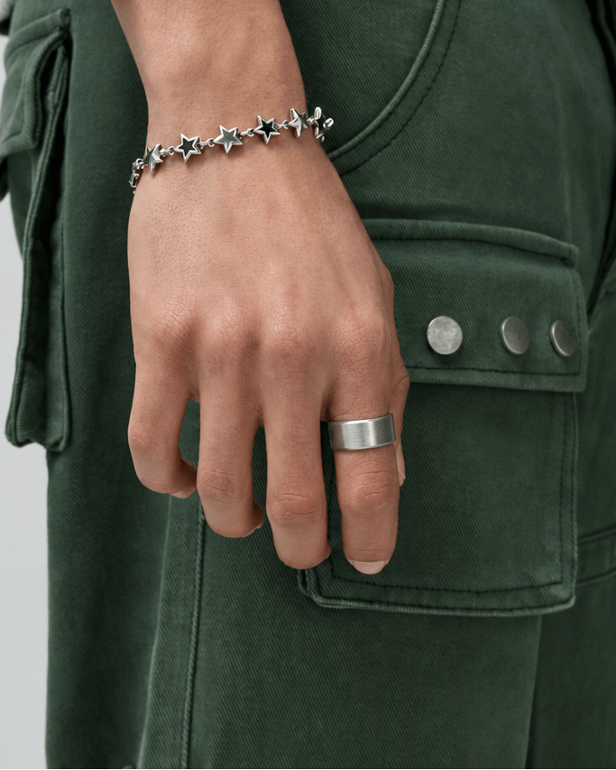 Rynor Core Band Ring – silver polished stainless steel plain band ring, worn by a model
