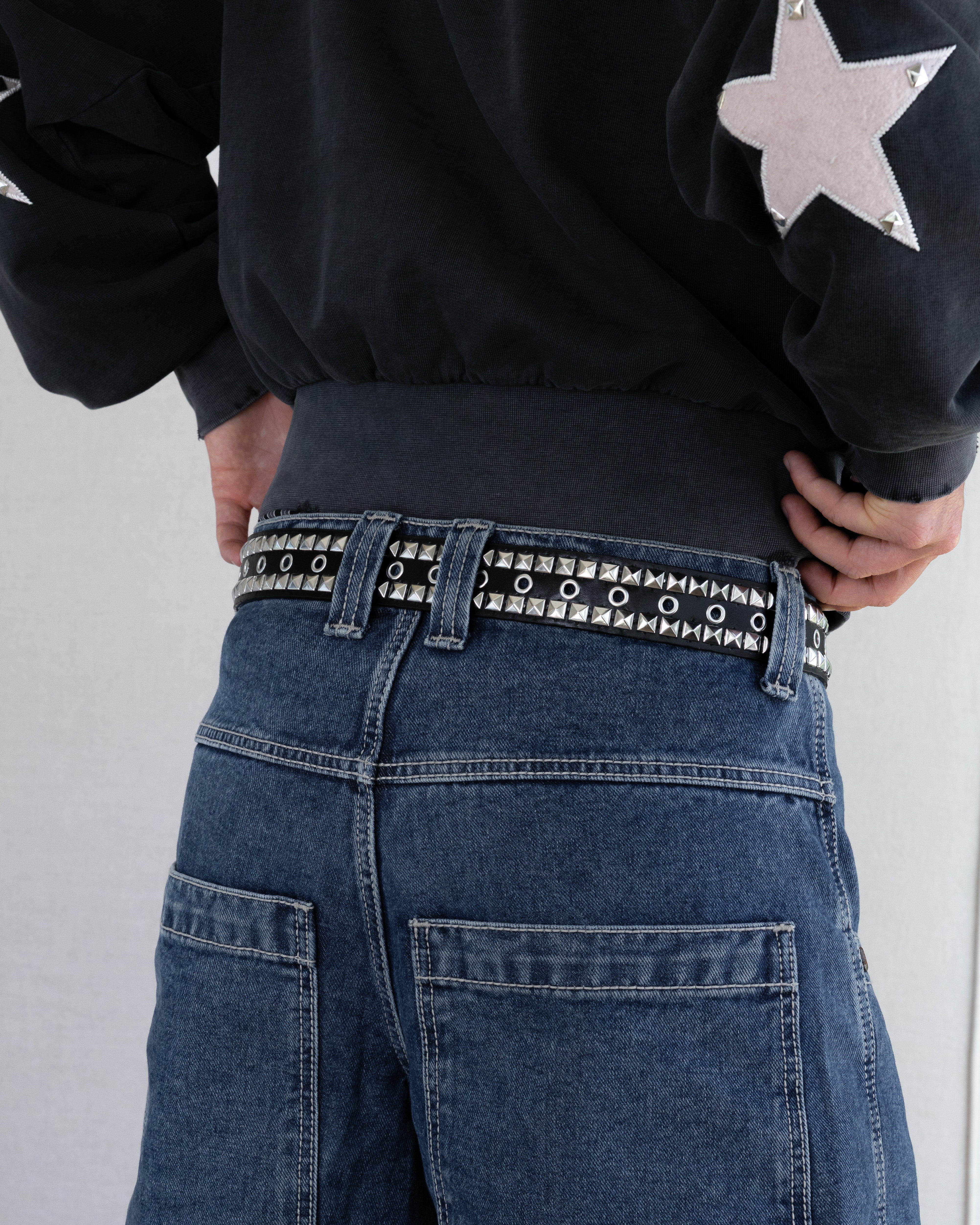 Rynor Double Studded Leather Belt – black faux leather belt with double-row pyramid studs, additional view