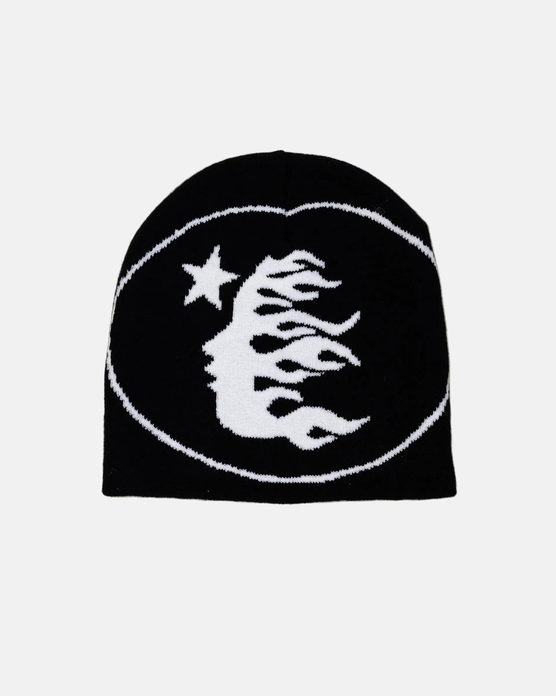 Rynor Flaming Faces Star Beanie – black knit beanie with flame face and star graphic, product photo on white background