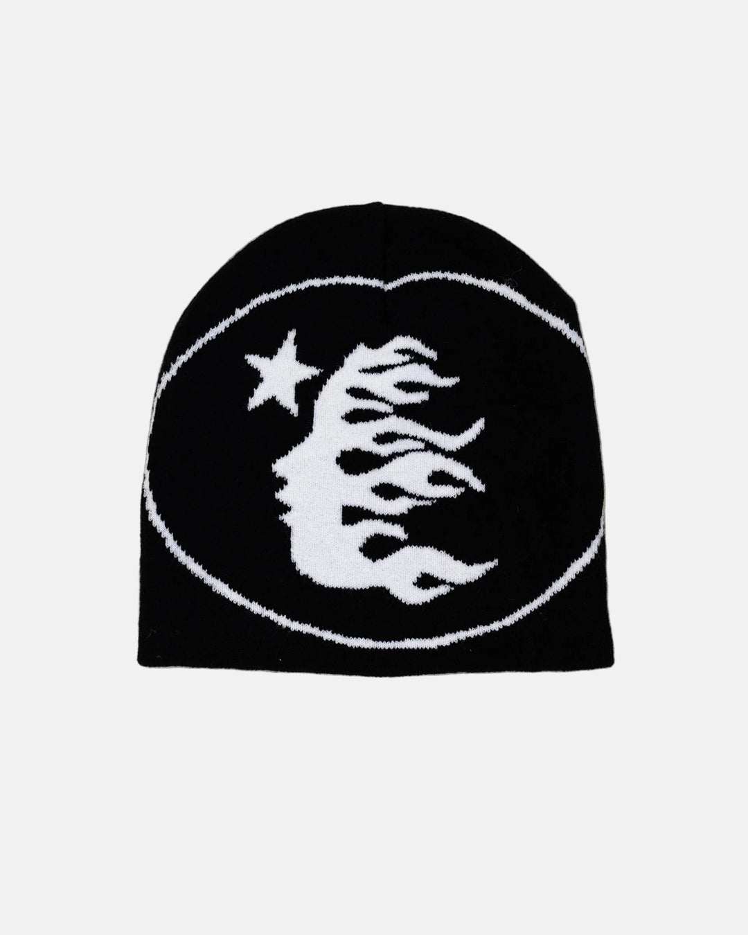 Rynor Flaming Faces Star Beanie – black knit beanie with flame face and star graphic, product photo on white background
