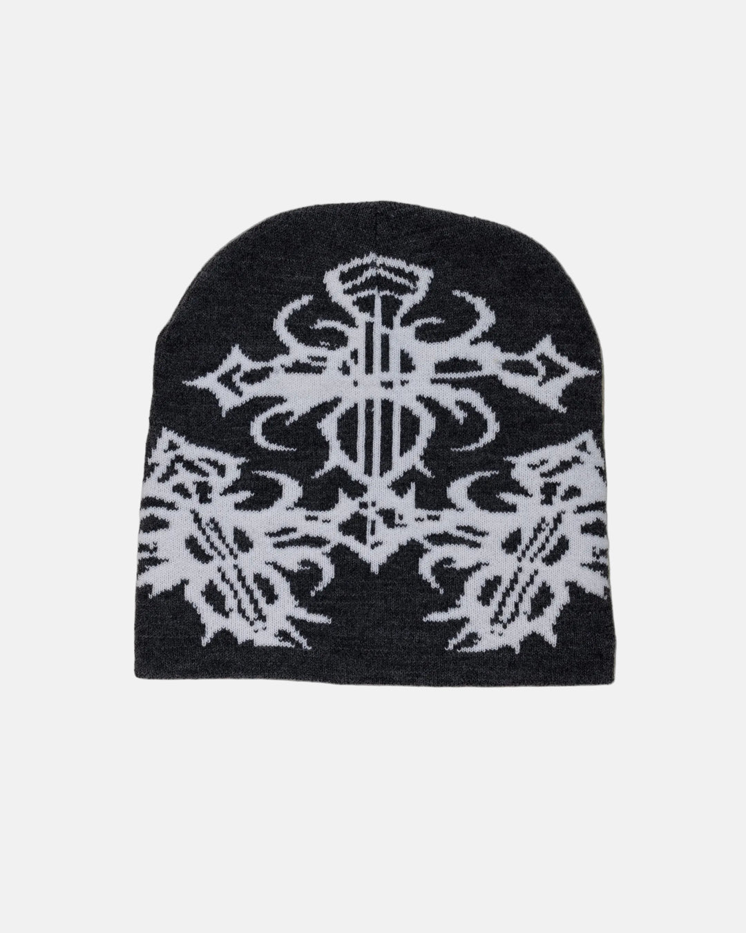 Rynor Gothic Cross Beanie – dark gray knit beanie with tribal cross graphic, product photo on white background
