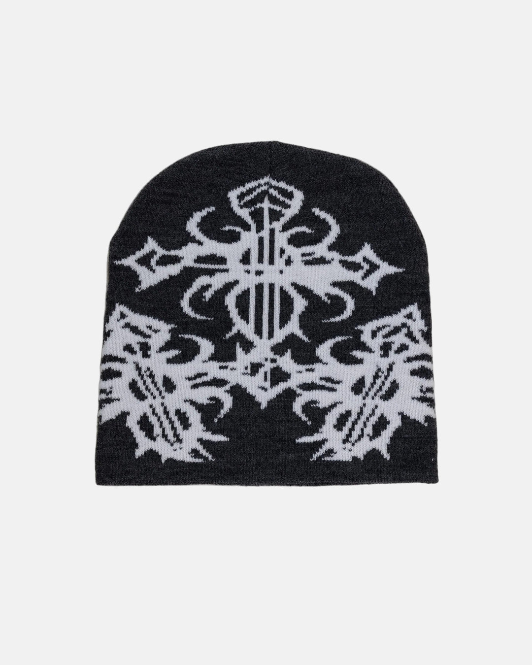 Rynor Gothic Cross Beanie – dark gray knit beanie with tribal cross graphic, additional view