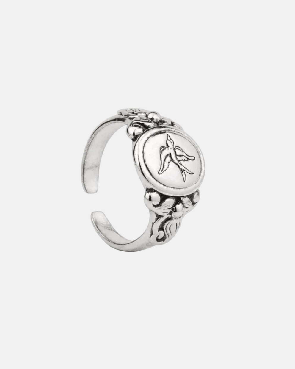 Rynor Gothic Dove Ring – 925 sterling silver ring with a dove wrapping the band, product photo on white background