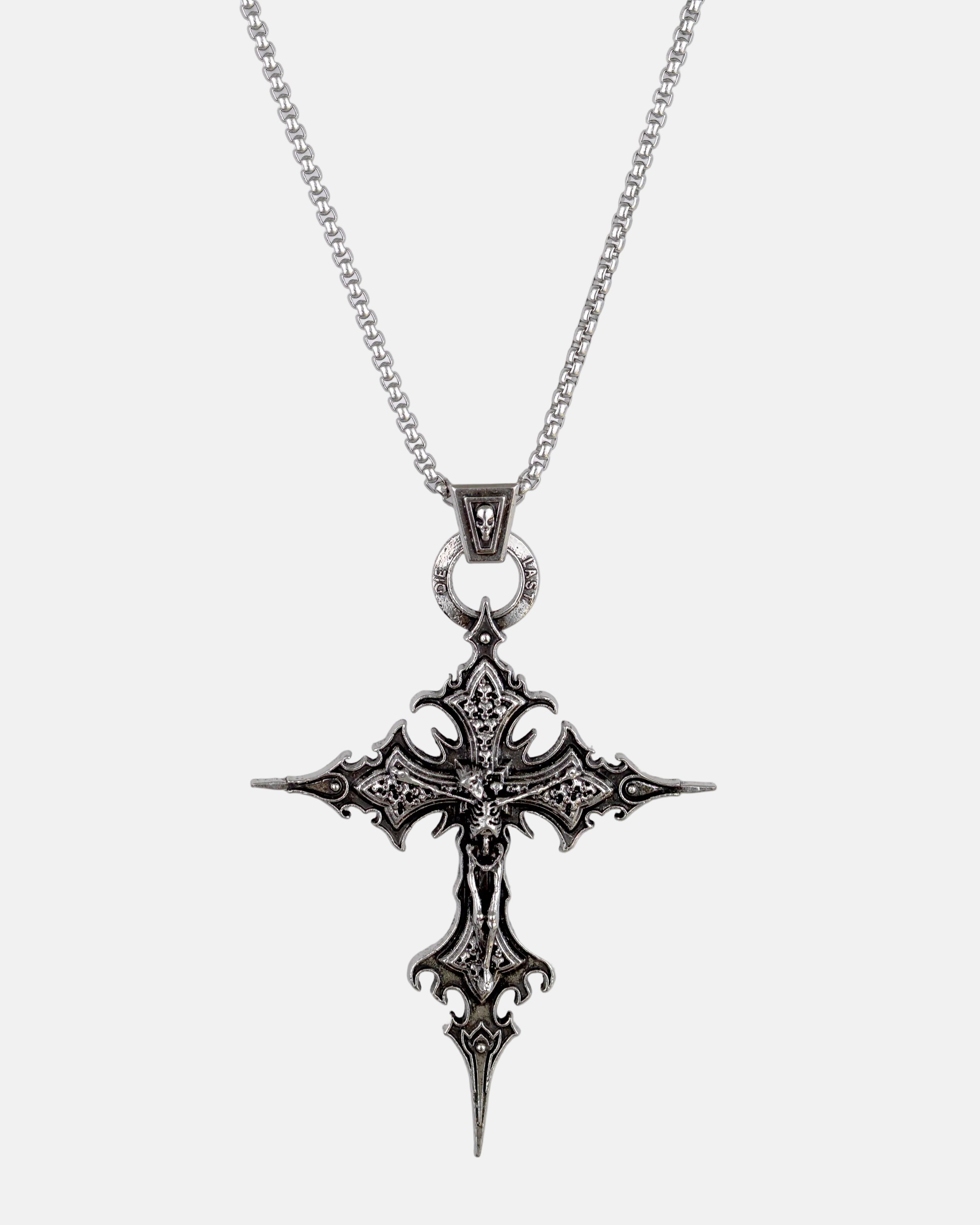 Rynor Gothic Relic Cross Necklace – silver engraved gothic cross pendant necklace, product photo on white background