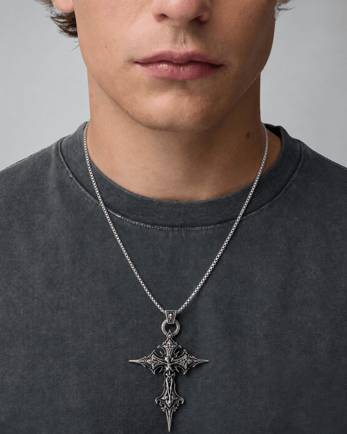 Rynor Gothic Relic Cross Necklace – silver engraved gothic cross pendant necklace, worn by a model