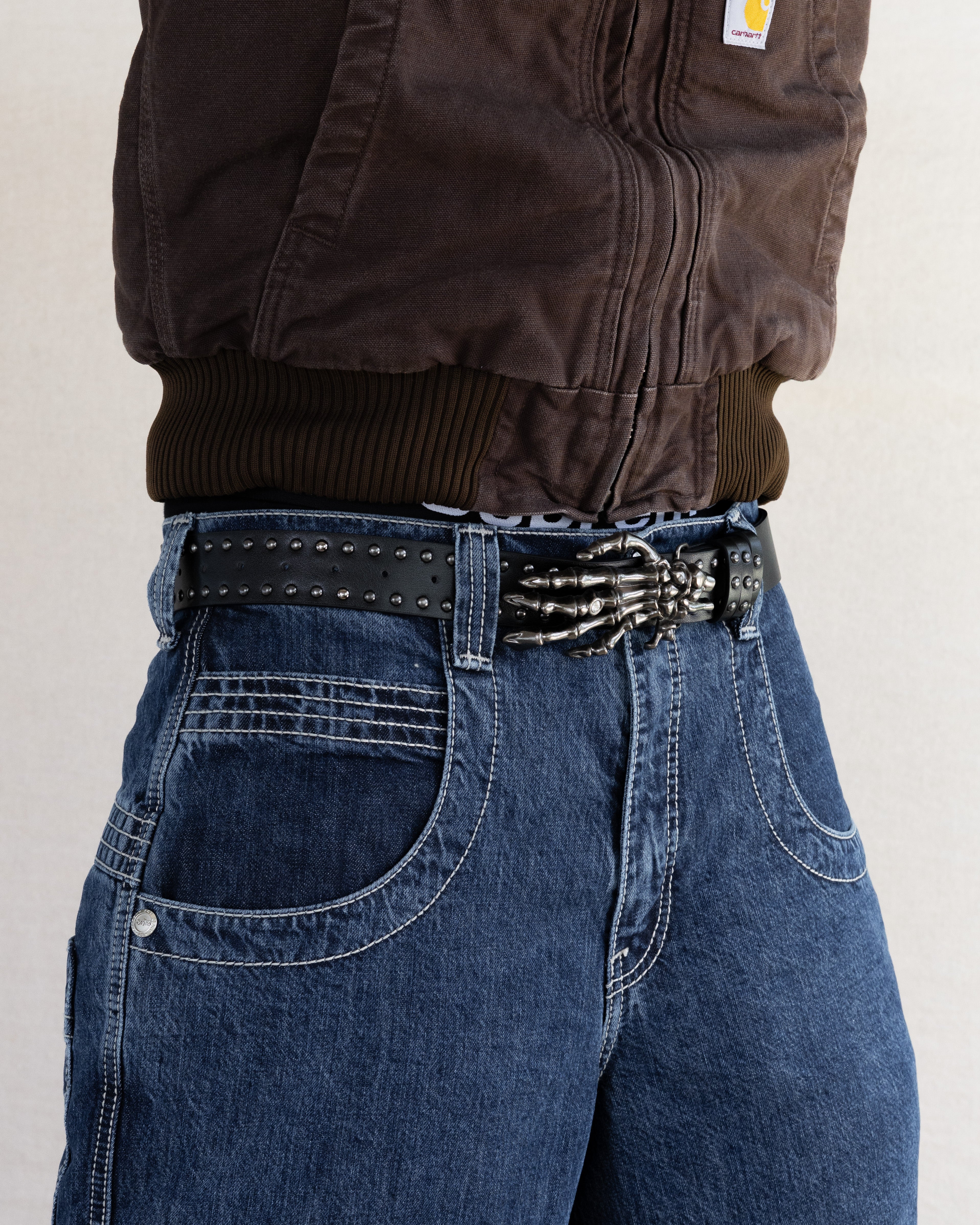 Rynor Gravehand Belt – black belt with skeletal hand buckle and stud accents, additional view