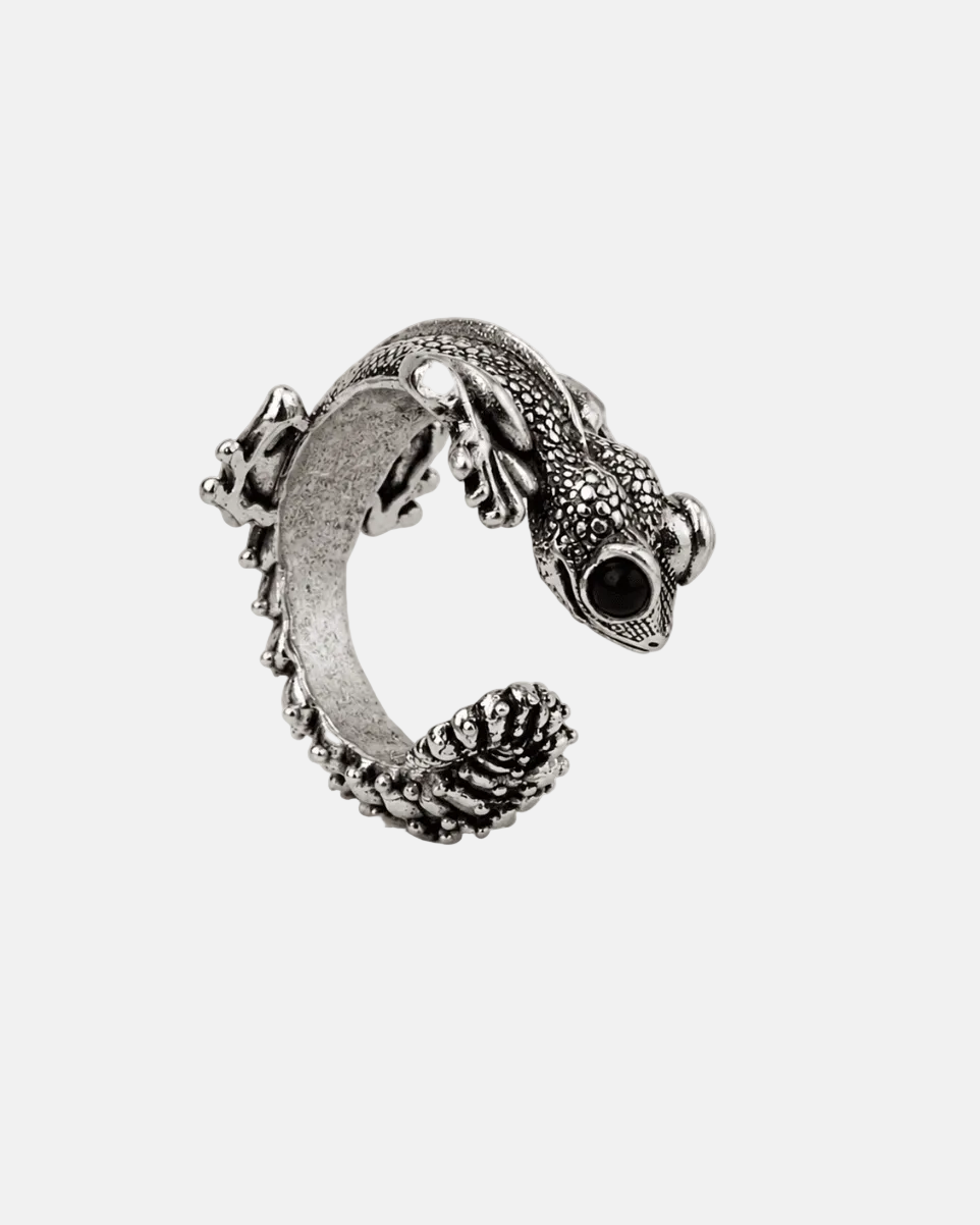 Rynor Greko The Gecko Ring – silver stainless steel coiled gecko wrap ring, product photo on white background