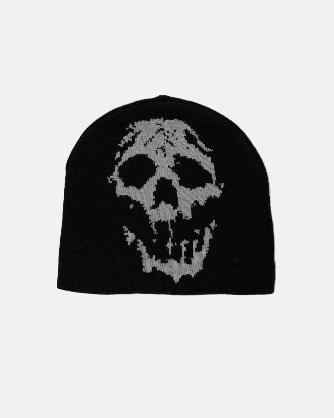 Rynor Grim Skull Knit Beanie – black knit beanie with skull graphic, product photo on white background
