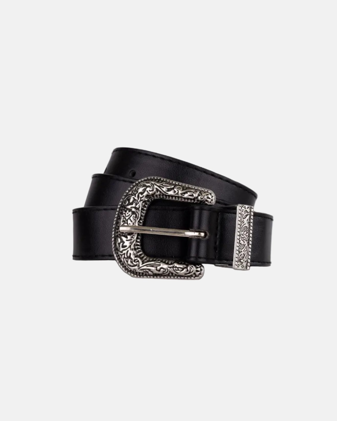 Rynor Iron Scroll Belt – black belt with engraved scrollwork buckle, product photo on white background