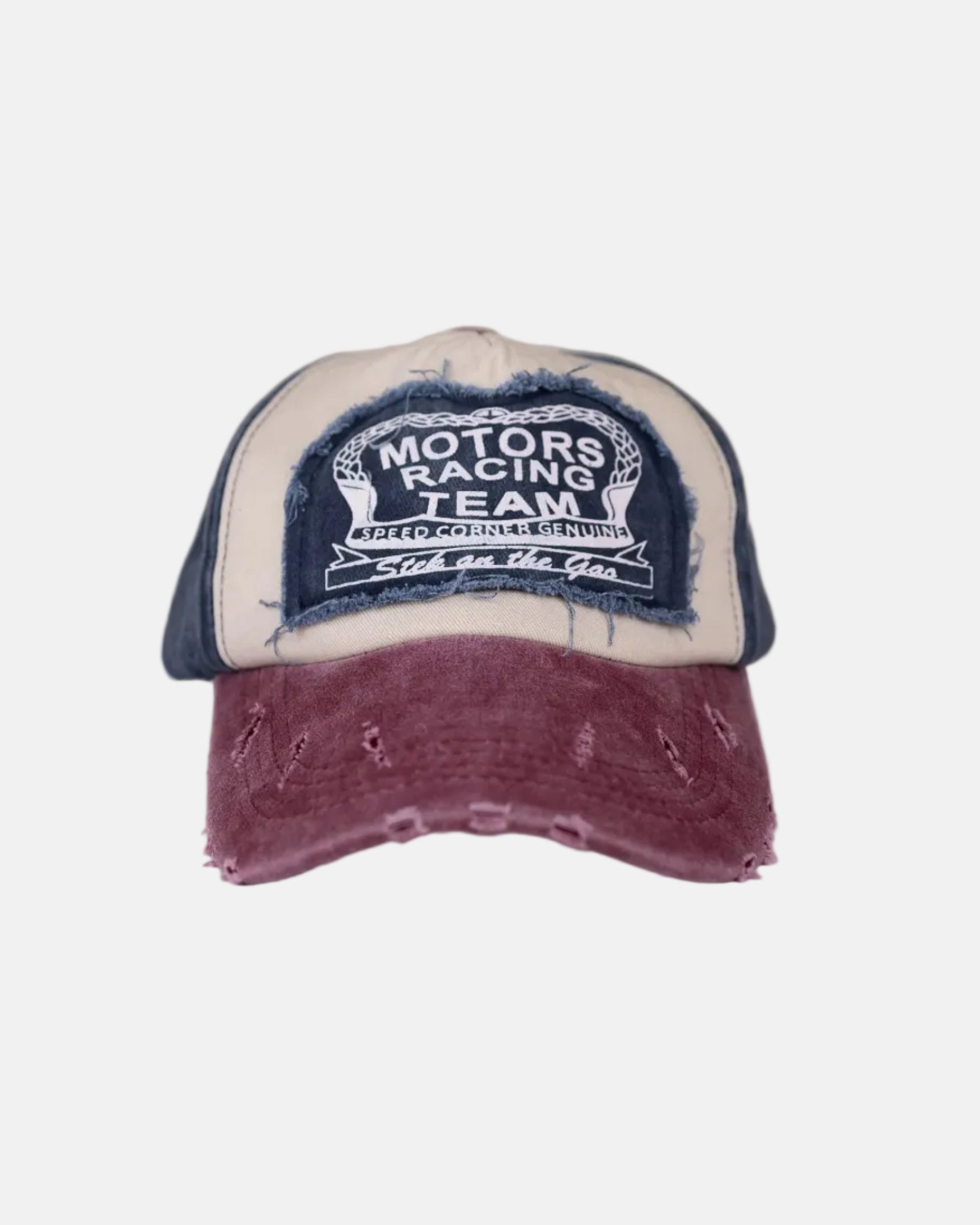 Rynor Motors Racing Team Cap – distressed burgundy and blue trucker hat with Motors Racing Team patch, product photo on white background
