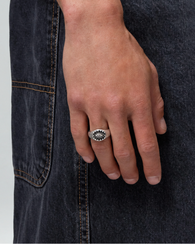 Rynor Oracle Eye Ring – silver stainless steel engraved eye signet ring, worn by a model
