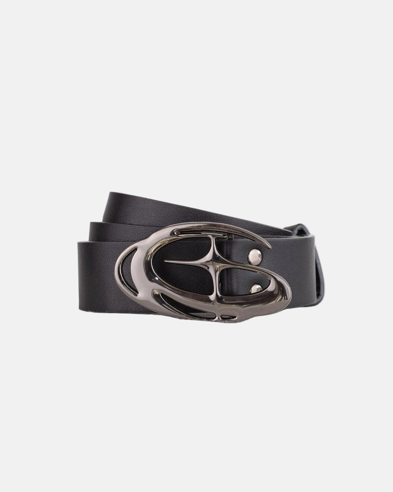 Rynor Orbit Chrome Buckle Belt – black belt with sculpted chrome buckle, product photo on white background