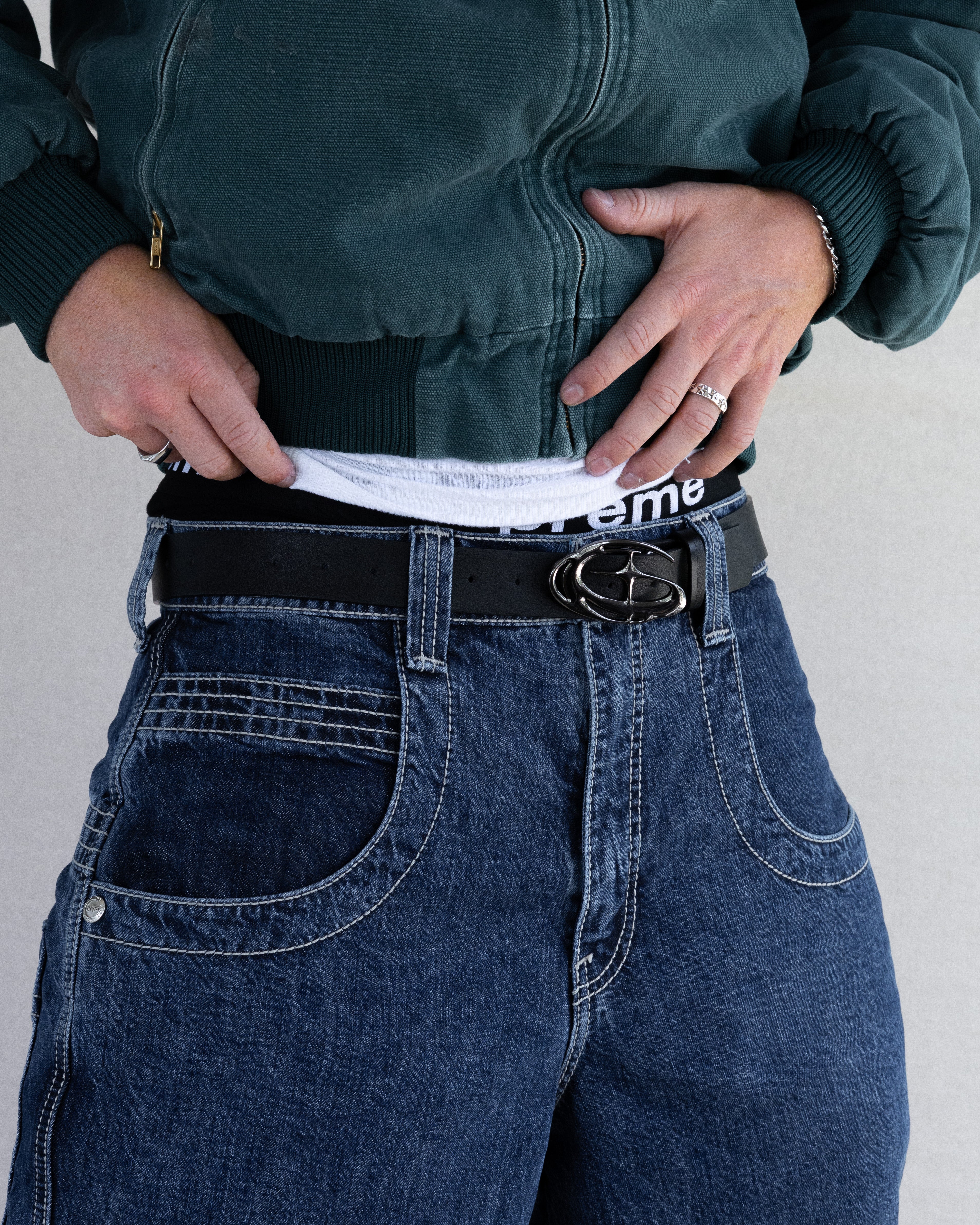 Rynor Orbit Chrome Buckle Belt – black belt with sculpted chrome buckle, additional view