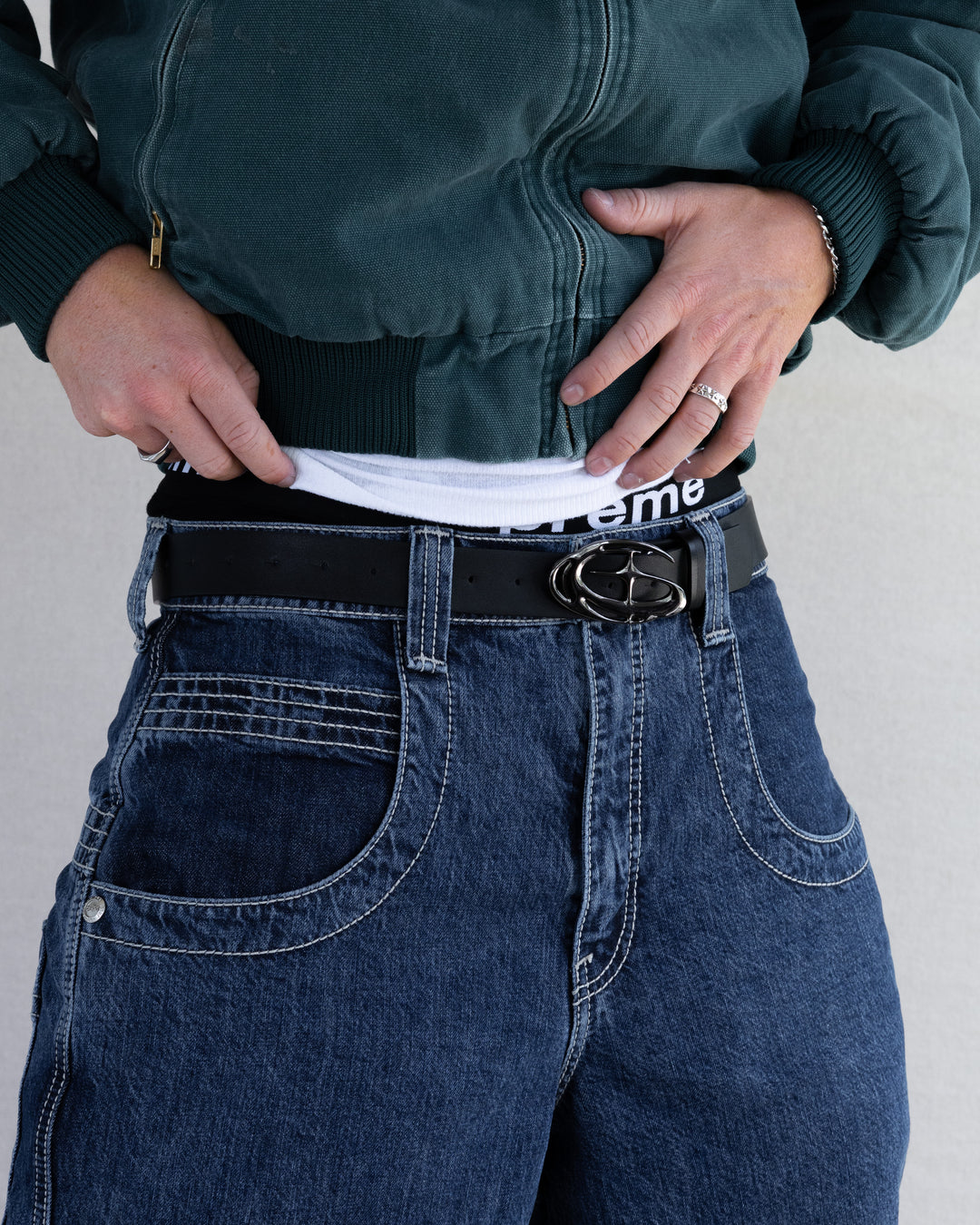 Rynor Orbit Chrome Buckle Belt – black belt with sculpted chrome buckle, additional view