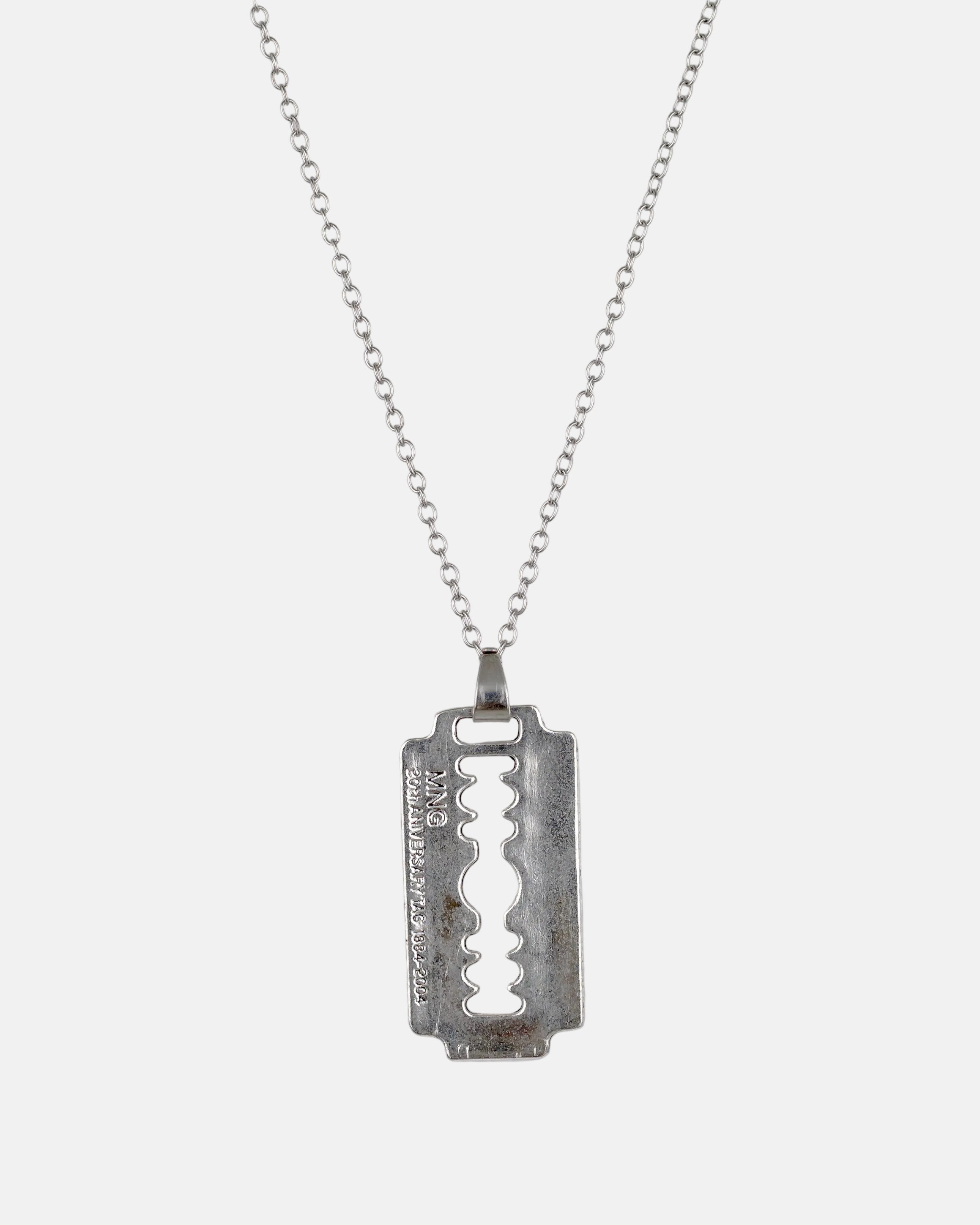 Rynor Razor Blade Necklace – silver razor blade pendant necklace, product photo on white background