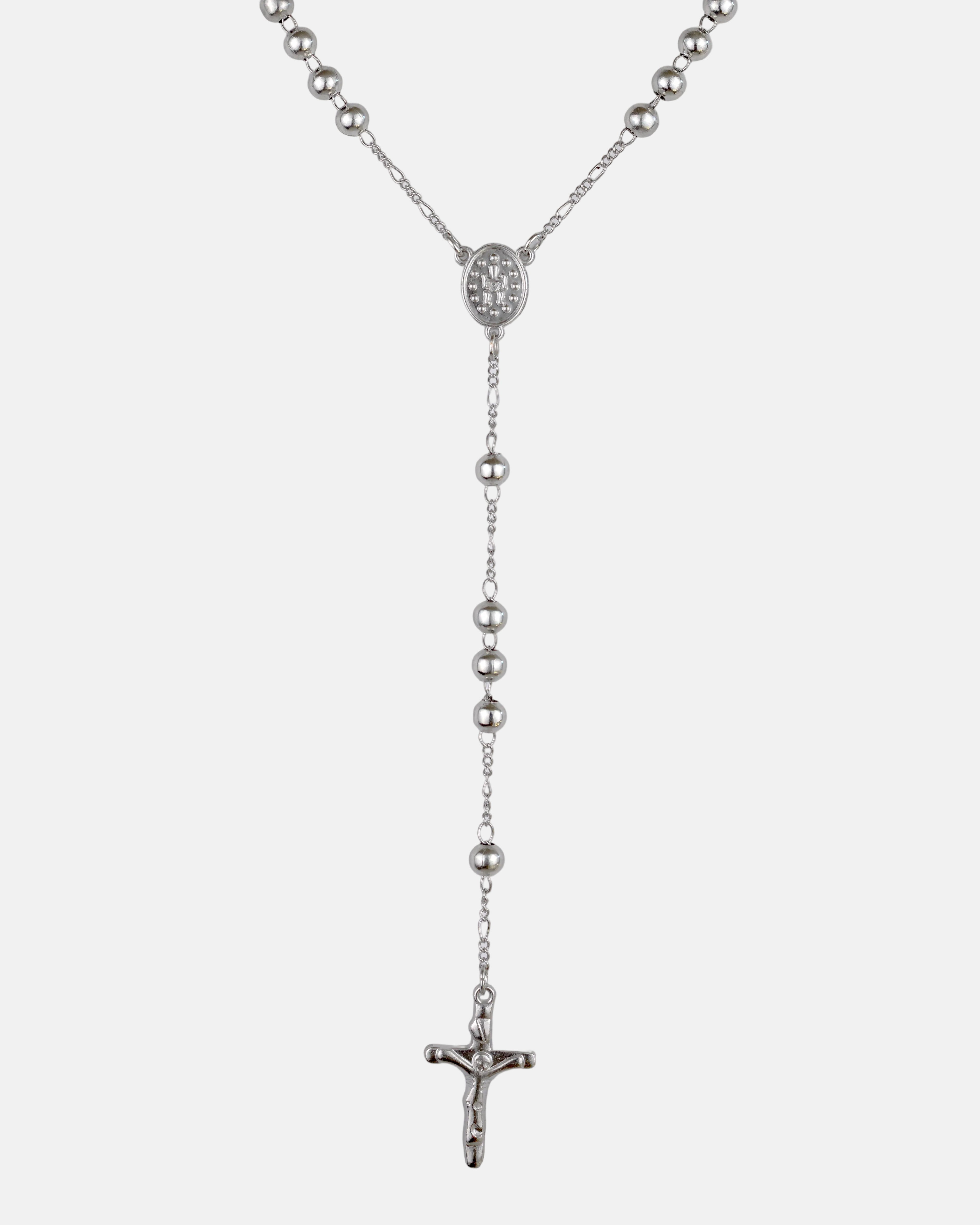 Rynor Rosary Drop Necklace – silver rosary-style bead chain necklace with cross pendant, product photo on white background