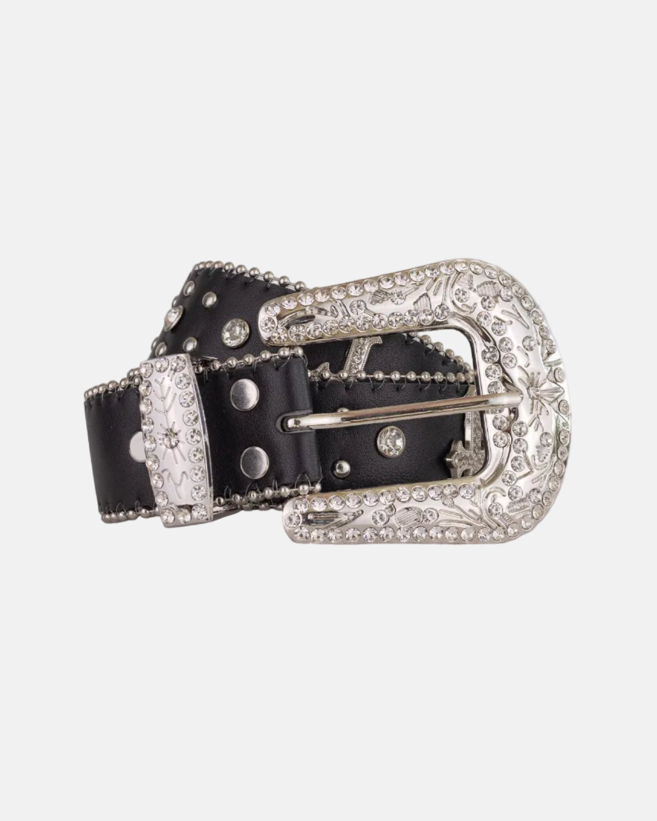 Rynor Saint Shine Belt – black belt with crystal-studded cross buckle, product photo on white background