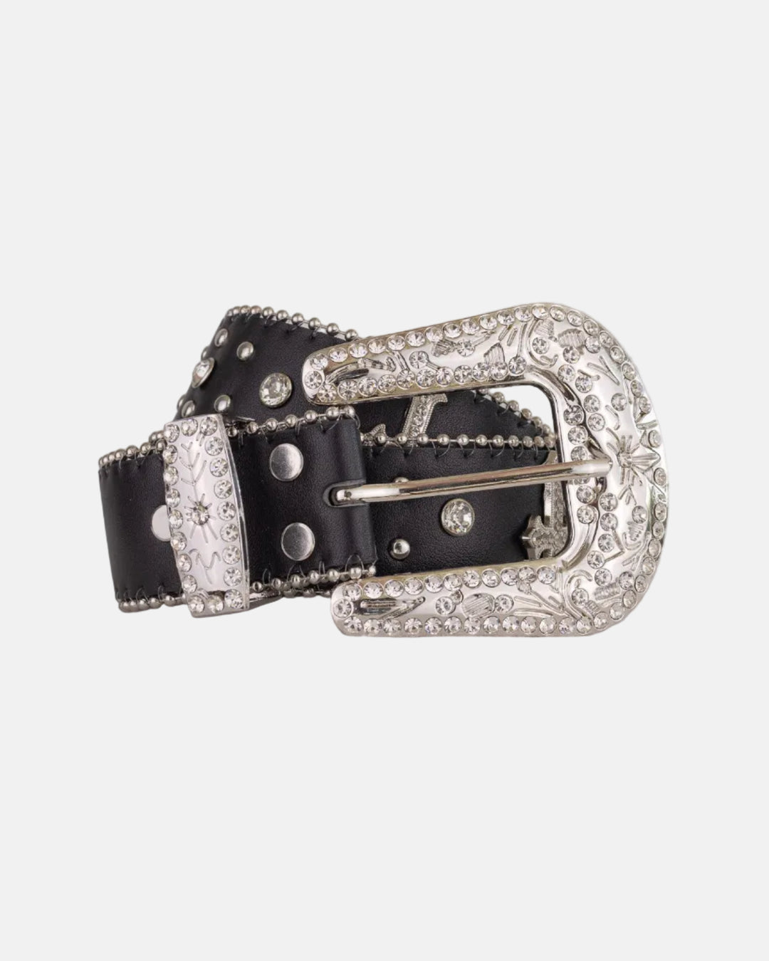 Rynor Saint Shine Belt – black belt with crystal-studded cross buckle, product photo on white background