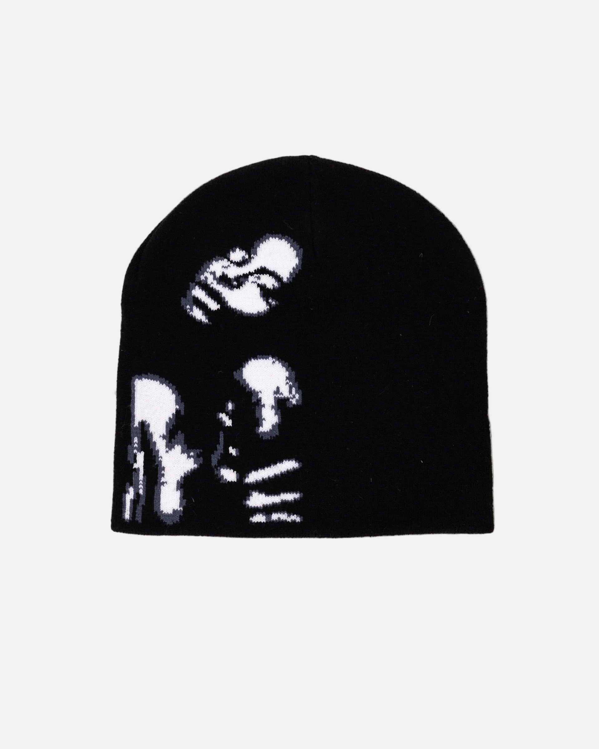 Rynor Shadow Figure Beanie – black knit beanie with abstract figure graphic, product photo on white background