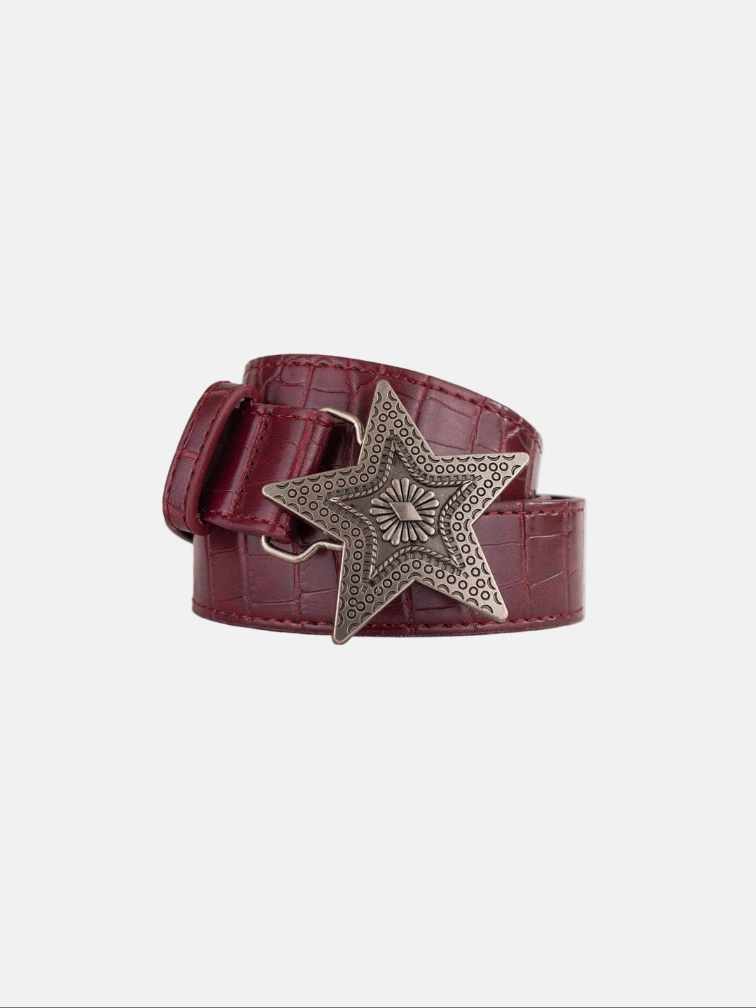 Rynor Star Medallion Belt – burgundy belt with engraved star medallion buckle, product photo on white background