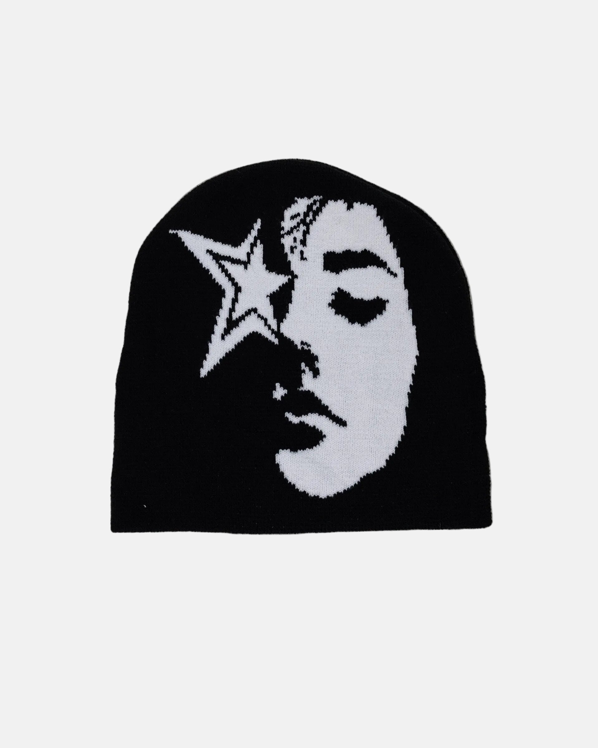 Rynor Starface Knit Beanie – black knit beanie with split face and star graphic, product photo on white background