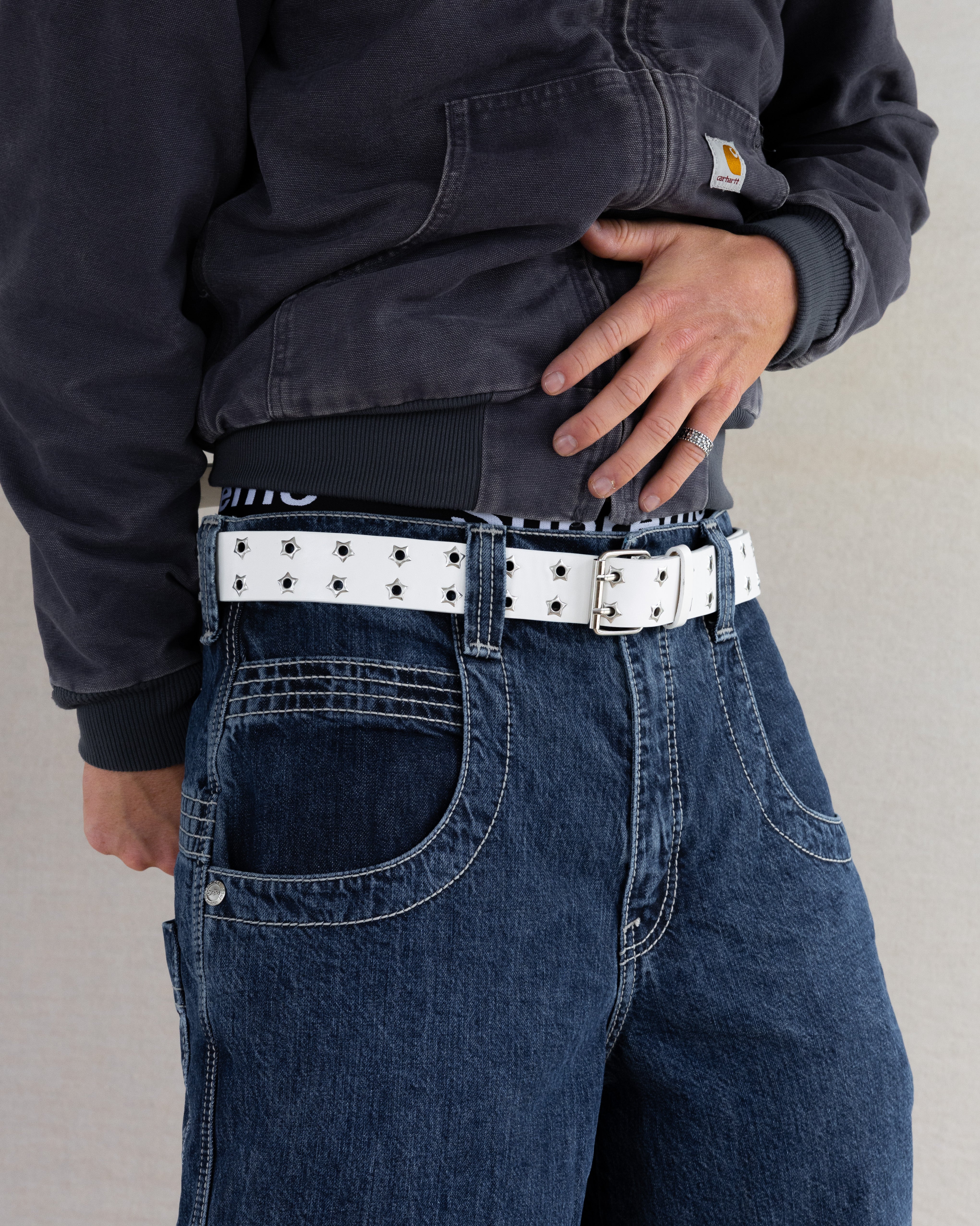 Rynor Starforge Belt – white leather belt with star-shaped grommets and double-prong buckle, additional view