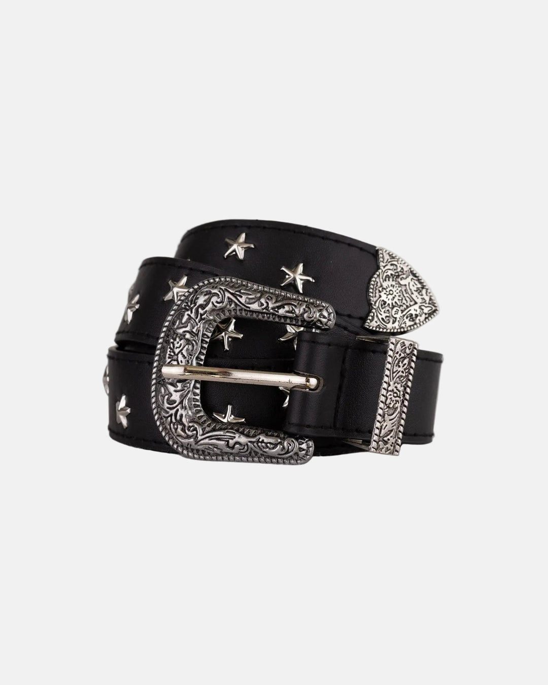 Rynor Starlight Western Buckle Belt – black belt with star studs and engraved western buckle, product photo on white background