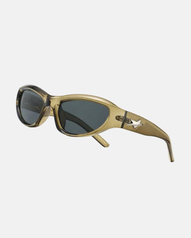 Rynor Superstar Icon Sunglasses – green wraparound sunglasses with star detailing on the sides, product detail photo
