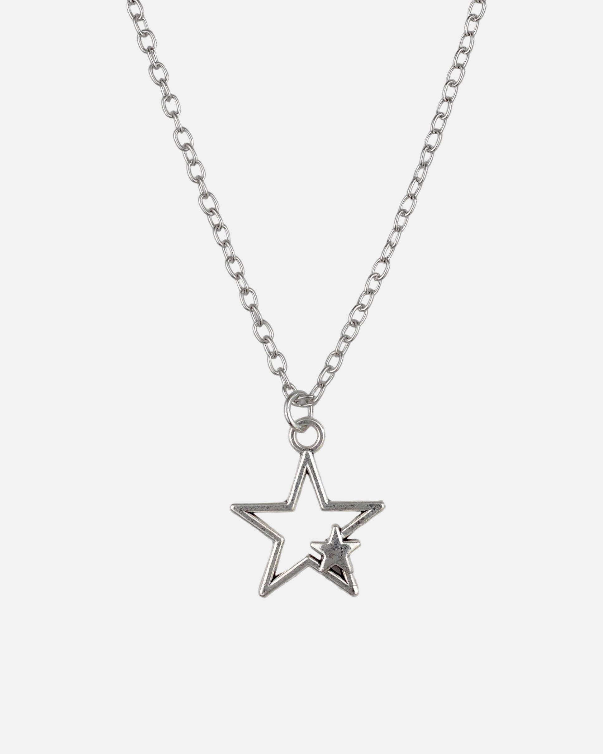 Rynor SuperStar Necklace – silver open star pendant necklace, product photo on white background