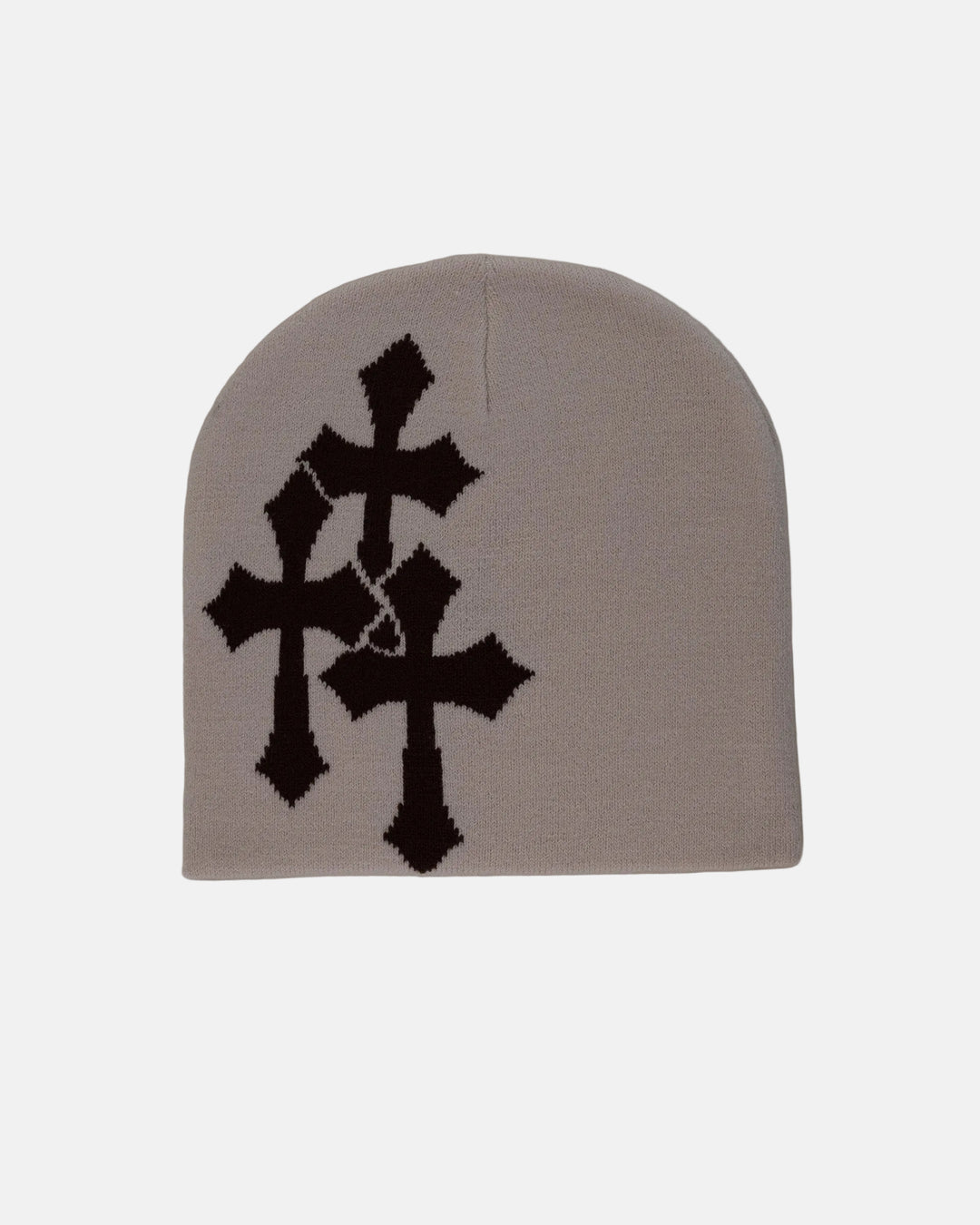 Rynor Triple Cross Knit Beanie – beige knit beanie with triple cross graphic, product photo on white background