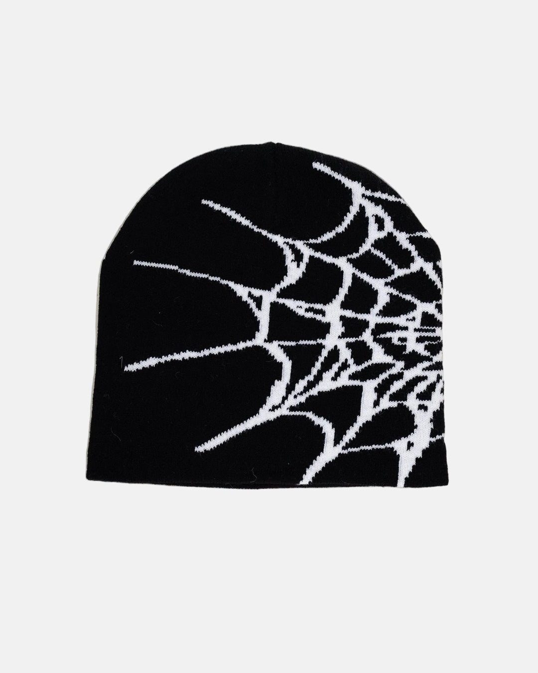 Rynor Web Knit Beanie – black and white spider web pattern knit beanie, product photo on white background